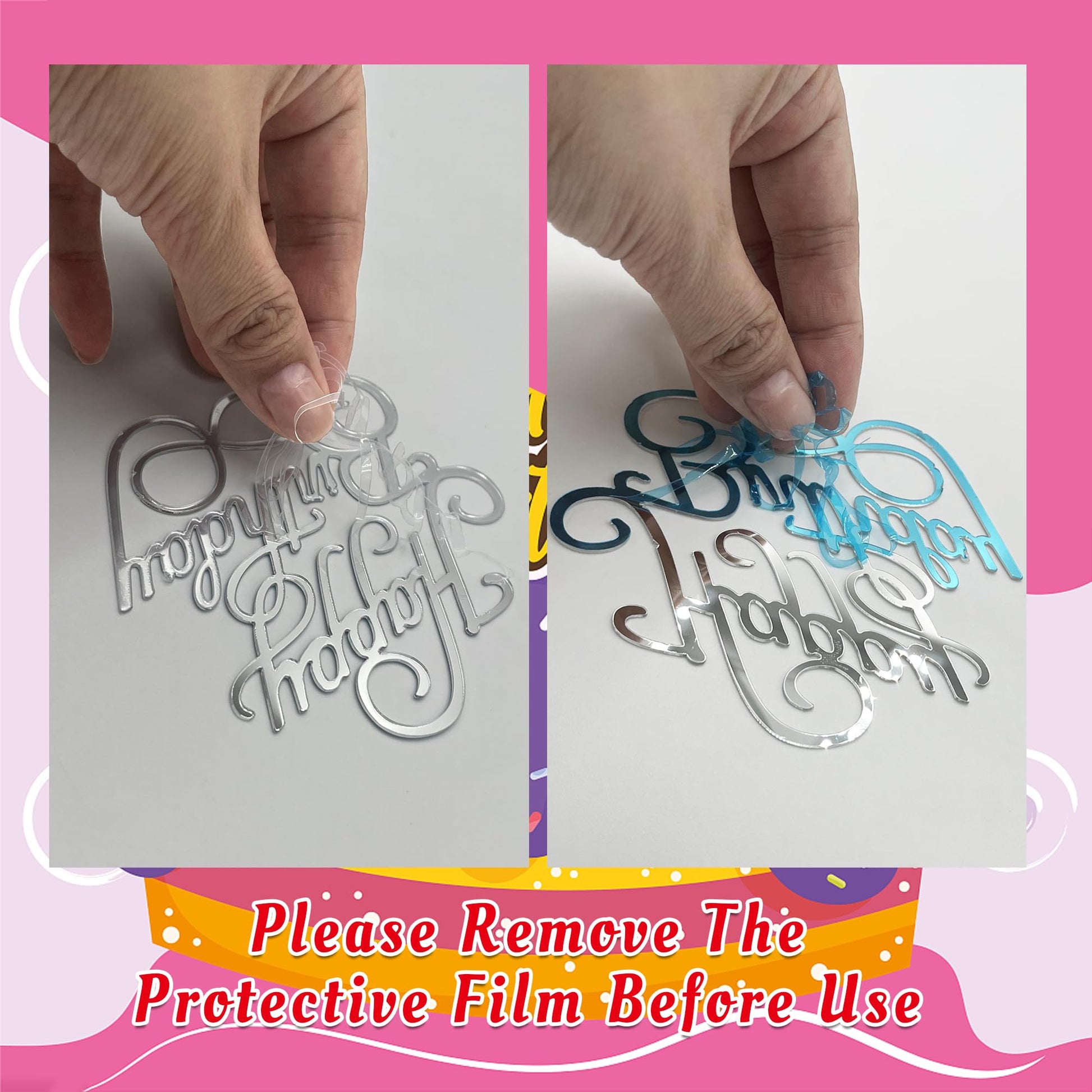 10 PCS Silver Happy Birthday Acrylic Cake Toppers Mirrored Side Cake Decorations Inserts 10 Styles (Silver)