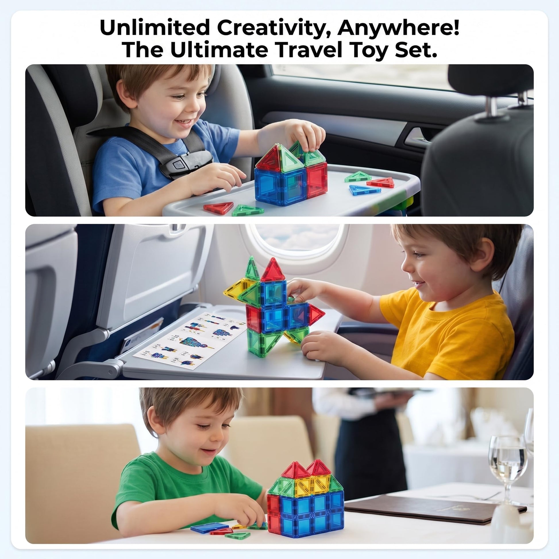 NOVAMAG Mini Magnetic Tiles Travel Set - Airplane, Travel Activities for Toddlers & Kids Ages 4-8 - Car, Road Trip, Plane Toys & Essentials, STEM