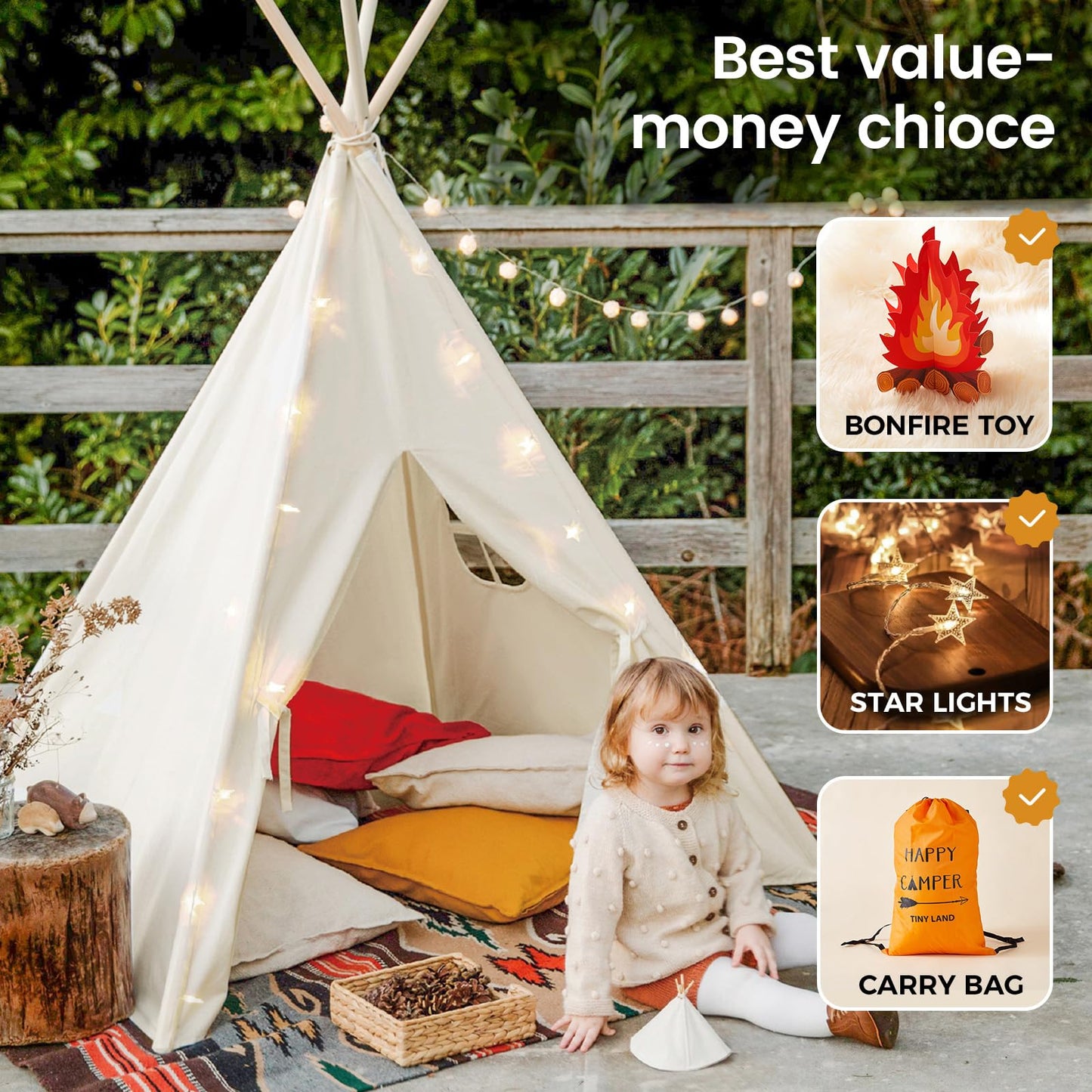 Tiny Land Teepee Tent for Kids with Star Lights & Campfire Toy