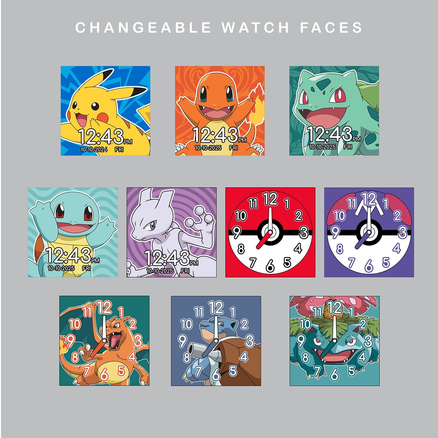 Pokémon Interactive Kids Smartwatch with Touchscreen, Interchangeable Pikachu & Friends Straps, Built-in Camera, Alarm, Stopwatch, Calculator, and 10