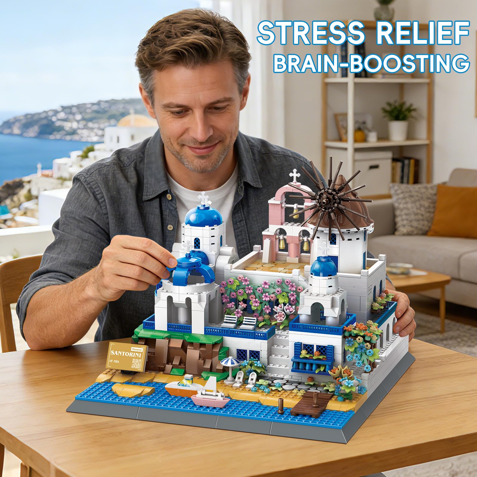 GHQYTPR Santorini Building Block Set 1372 Pcs Greece Aegean Sea Architecture Model Kit for Adults & Teens Romantic Island Skyline Construction Project