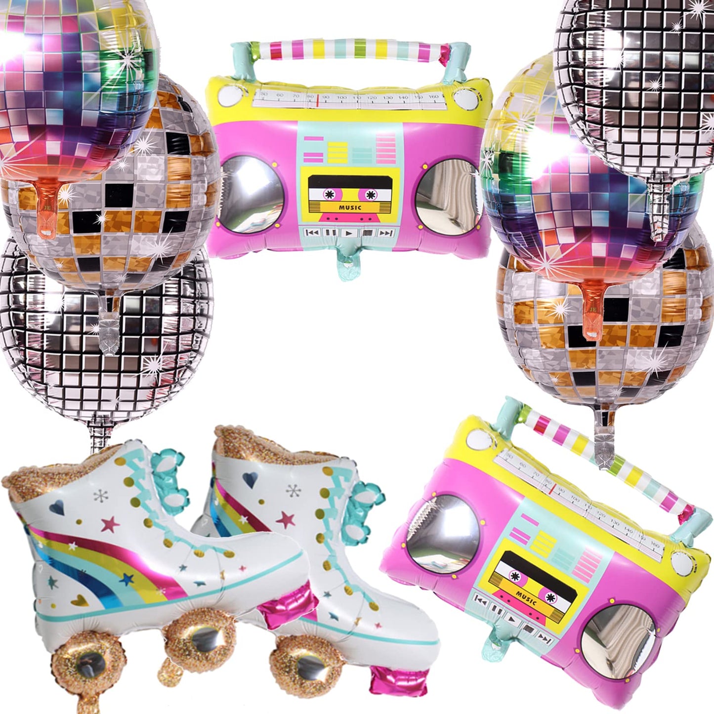 Timisea 10 PCS Rainbow Roller Skate Balloons Boom Box Balloon,22 Inch Round Color Foil Balloons, 4D Laser Disco Foil Balloons 80s 90s Retro Theme Hip