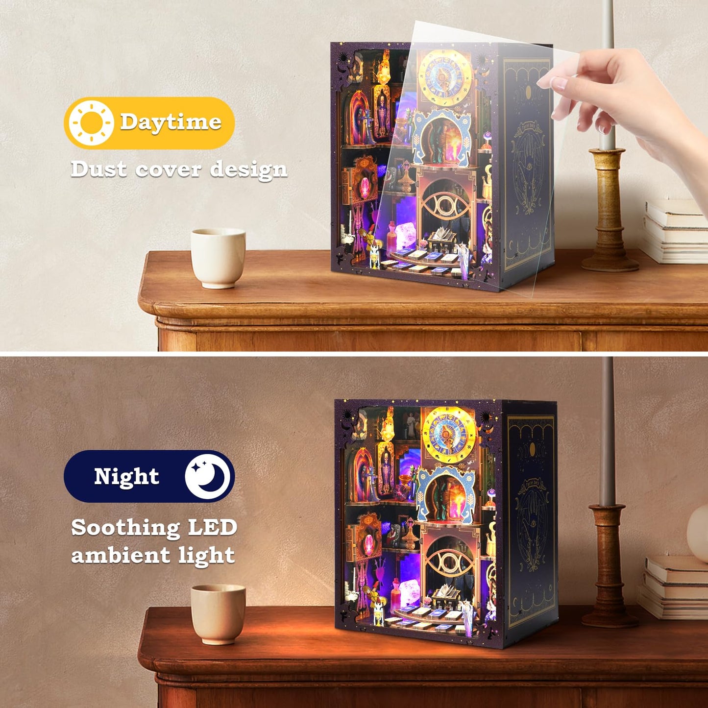 Book Nook Kit - Fantasy Tarot 3D Wooden Puzzle for Adults, Teens & Beginners, DIY Miniature Bookshelf Insert with LED Light, Mysterious Craft Gift