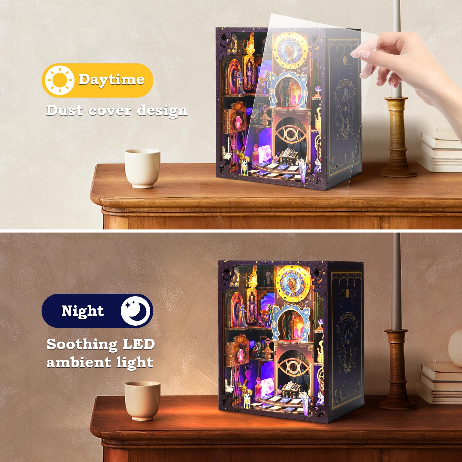 Book Nook Kit - Fantasy Tarot 3D Wooden Puzzle for Adults, Teens & Beginners, DIY Miniature Bookshelf Insert with LED Light, Mysterious Craft Gift