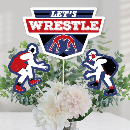 Big Dot of Happiness Own the Mat - Wrestling - Birthday Party or Wrestler Party Centerpiece Sticks - Table Toppers - Set of 15