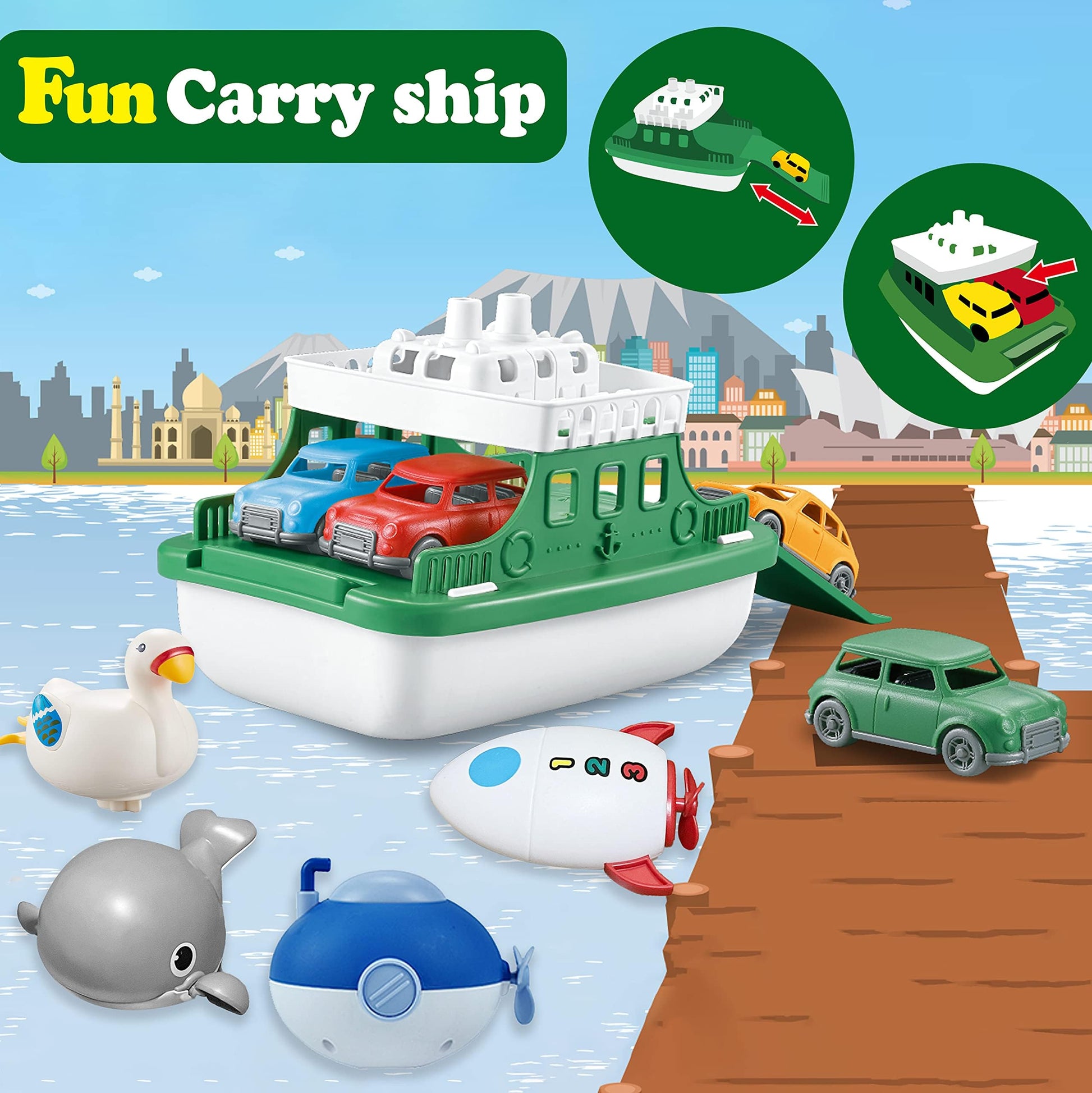 OKGIUGN Ferry Boat with 4 Car and 4 Wind Up Bath Swimming Toys, Kids Bath Toy Floating Vehicle Whales Submarines Swans Rockets, Bathtub Bathroom Pool