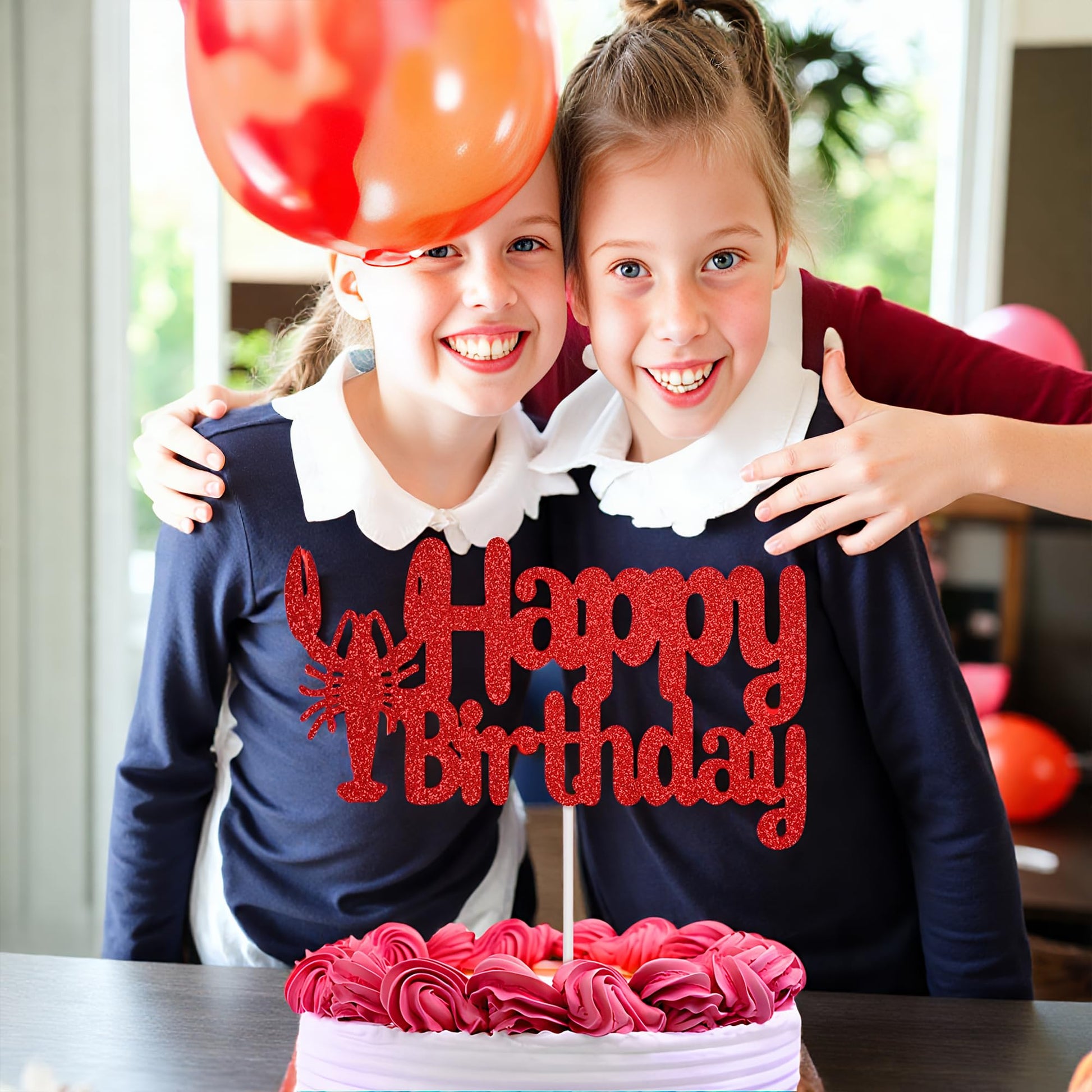 Happy Birthday Cake Topper - Red Glitter Lobster Theme Party Decoration, Seafood Crawfish Boil Birthday Party Supplies (Red)