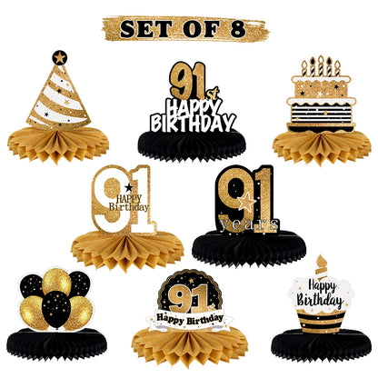 LINGTEER Happy 91st Birthday Table Honeycomb Centerpieces Cheers to 91st Birthday 91 Years Old Party Table Decorations Gift Sign.