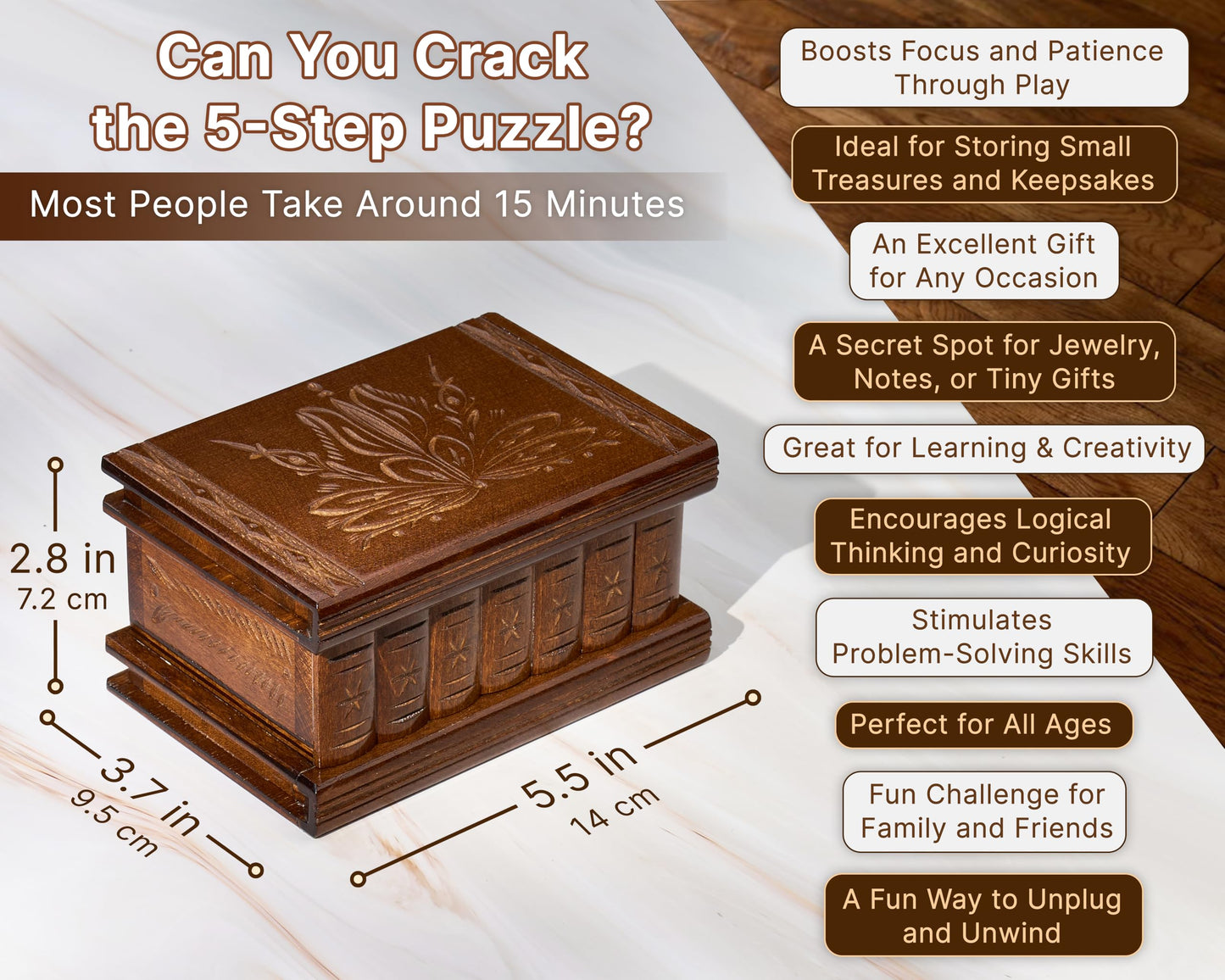 allboxesinoneplace Puzzle Box with Hidden Compartments, Secret Lock and Key