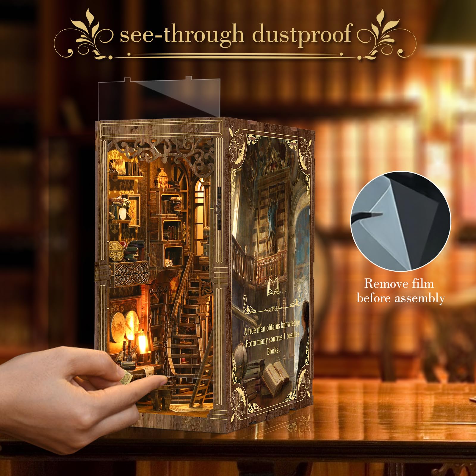 Book Nook Kit - (Classic Edition) - DIY Miniature Wooden Puzzle | Vintage Book Collection Room with LED Lights | 3D Dollhouse Bookend for Bookshelf