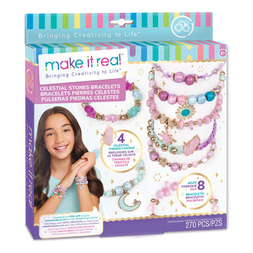 Make It Real: Celestial Stones Bracelets Kit - Create 8 Fashionable Bracelets, 4 Celestial Charms, 270 Pieces, Includes Play Tray, All-In-One, DIY