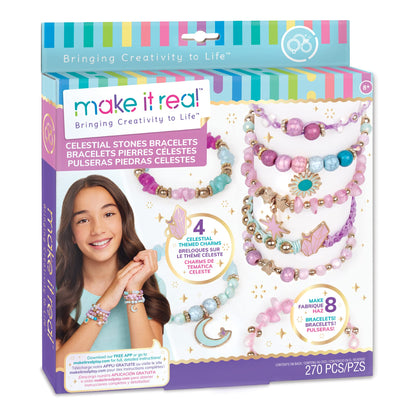 Make It Real: Celestial Stones Bracelets Kit - Create 8 Fashionable Bracelets, 4 Celestial Charms, 270 Pieces, Includes Play Tray, All-In-One, DIY