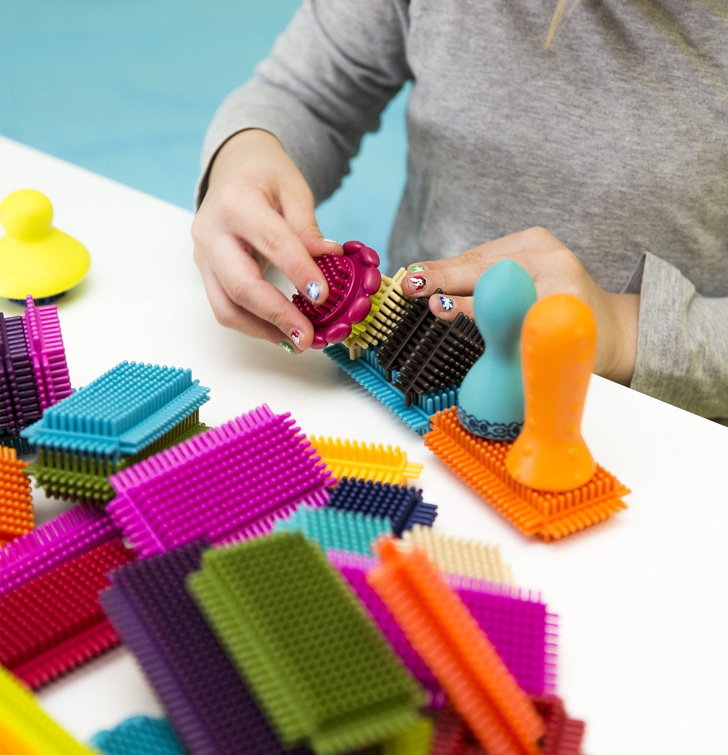 B. toys - Bristle Block - Stackadoos - Sort & Stack STEM Building Blocks Set - 68 Interlocking Blocks - Toys for Toddlers, Kids - Storage Jar with Lid