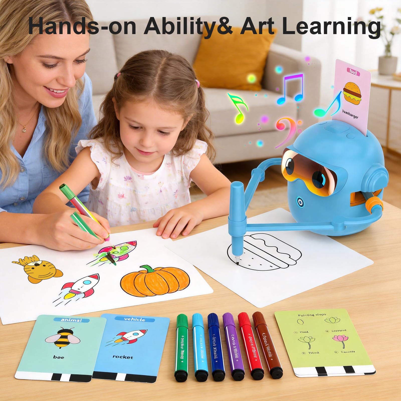 Kids STEM Drawing Robot, Voice Interactive Learning Toy with 100 Word Cards & 12 Color Pens, Educational Art Machine, for Toddlers Boys Girls Ages 3-8