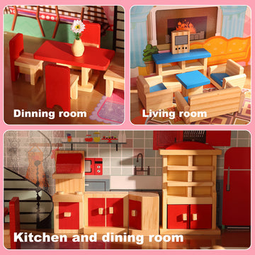 Giragaer Wooden Dollhouse Furniture 5 Set, Wood Doll House Miniature Bathroom/Living Room/Dining Room/Bedroom/Kitchen House Furniture Doll Decoration