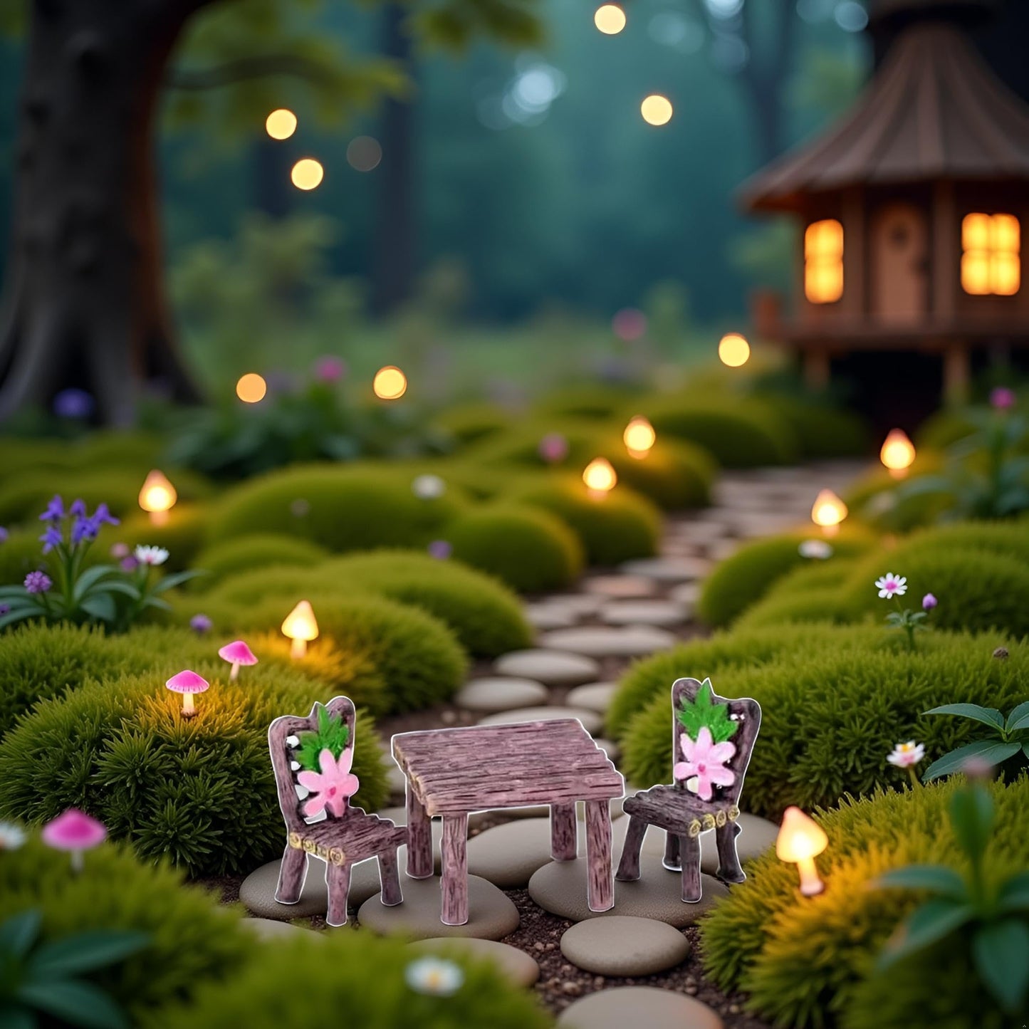1Set Miniature Furniture Set, Mini Table and Chairs, Wooden Garden Decor for Tiny Houses, Micro Landscape Dollhouse Accessories