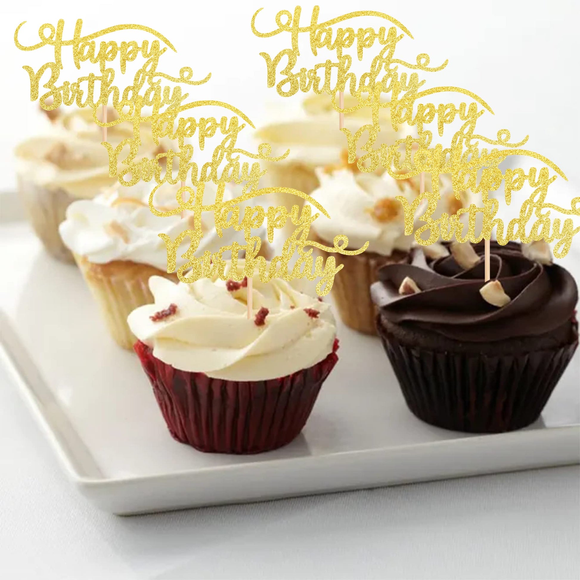 Rsstarxi 24 Pack Happy Birthday Cupcake Toppers Gold Glitter Birthday Cupcake Food Picks for Celebrating Happy Birthday Party Cake Decorations
