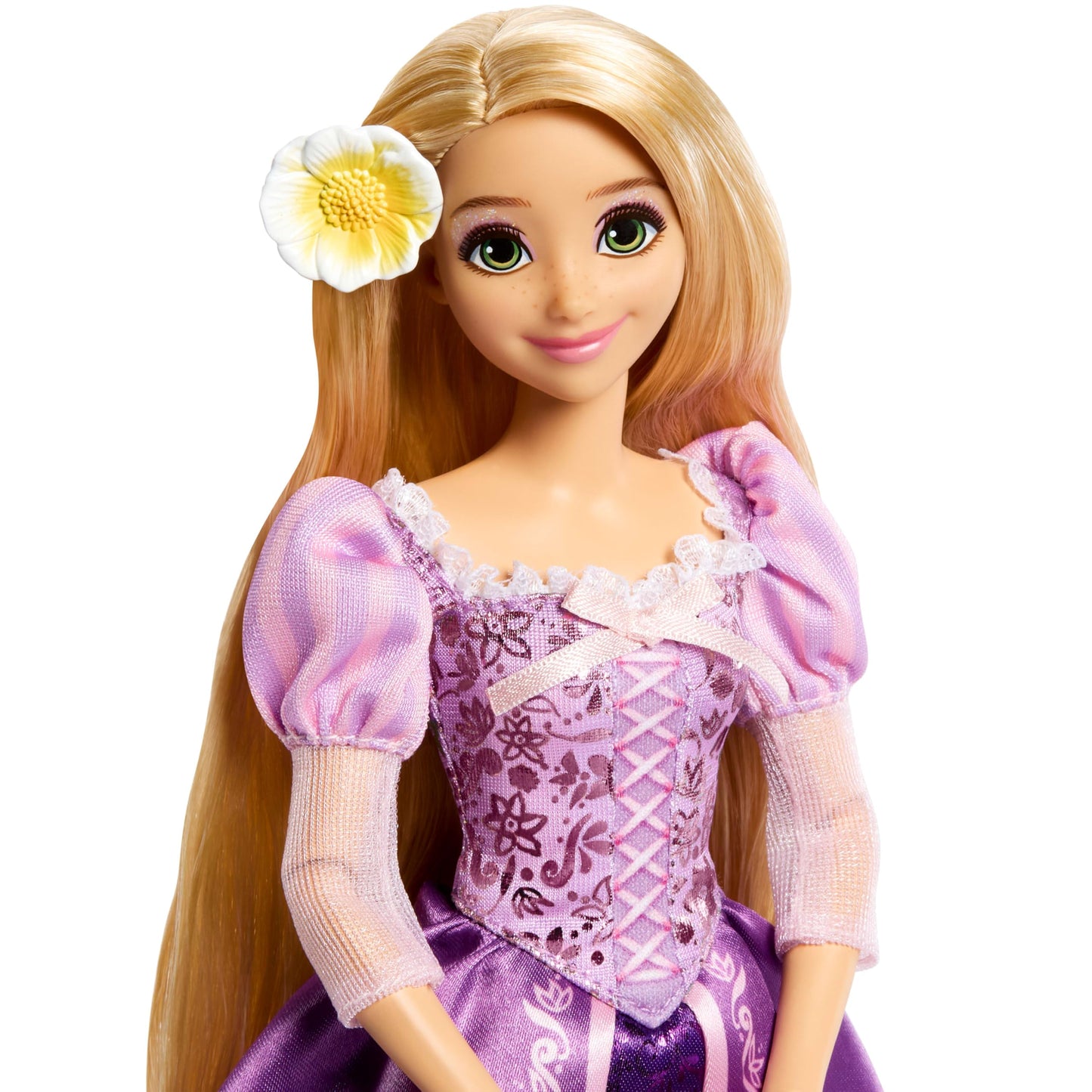 Mattel Disney Princess Rapunzel Sparkling Princess Fashion Doll with Long Hair, Removable Dress & Flower Hair Accessory, Inspired by Tangled Movie