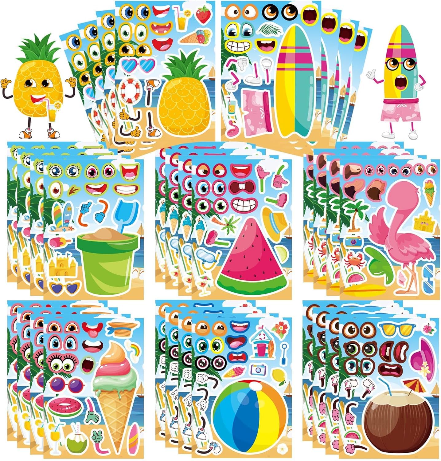 32 Sheets Summer Stickers for Kids, Make a Face Sticker Hawaii Tropical Pool Beach Stickers, Make Your Own Watermelon Pineapple Flamingo Sticker