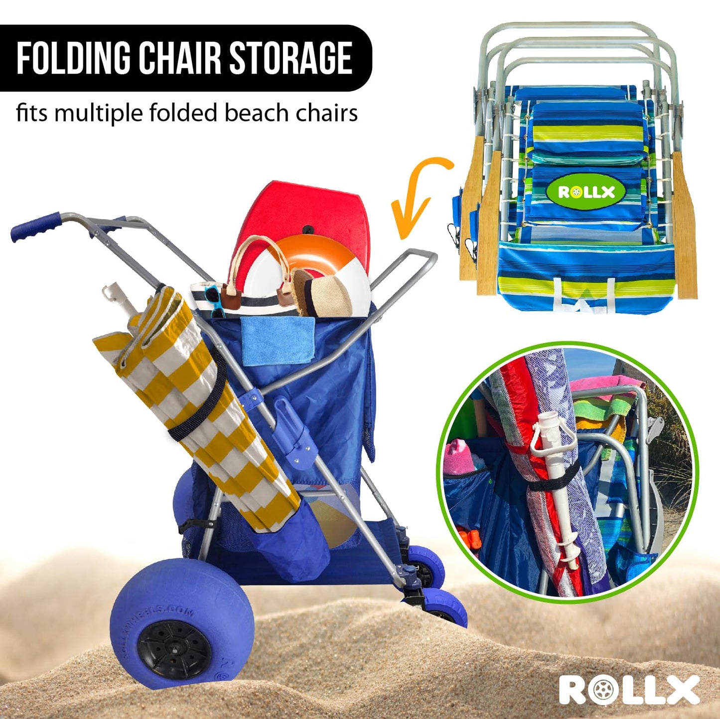 RollX Foldable Storage Wagon with 4 Balloon Wheels, Rear 13 Inch & Front 7 Inch Beach Tires (Pump Included) - Blue