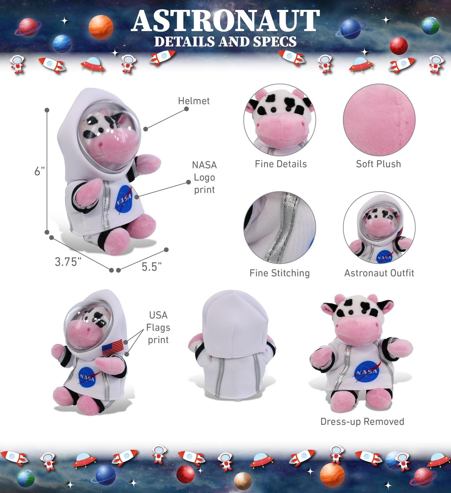 DolliBu Cow Astronaut Plush Toy - Farm Life Astronaut Stuffed Animal with Space Helmet and NASA Astronaut Suit, Spaceman Doll Decor for Girls and Boys