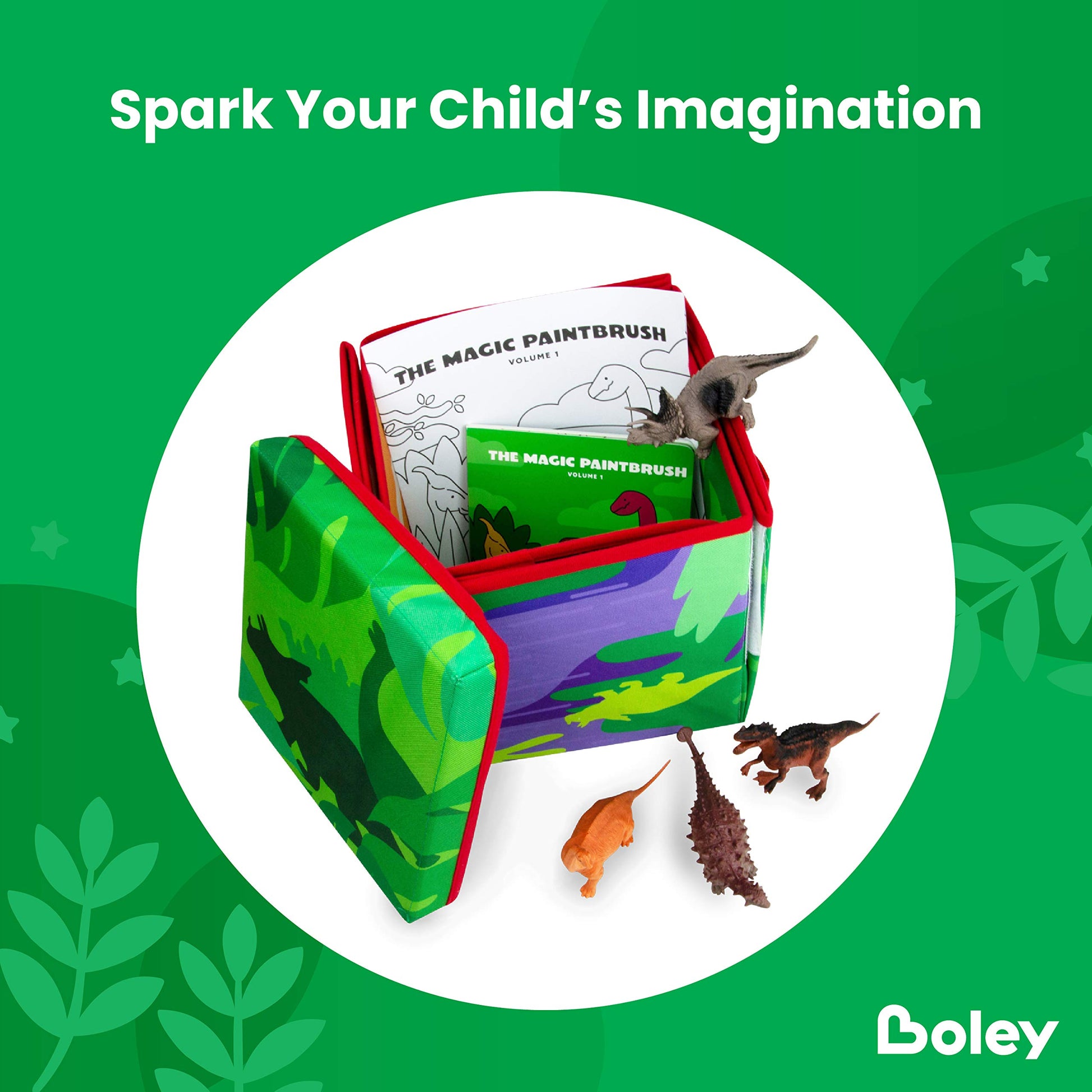 Boley Dino Play Mat and Toy Storage Box - 8 Piece Playset with Foldable Floor Playmat/Storage Box, Plastic Dinosaur Figures, and Dinosaur Books - Kids