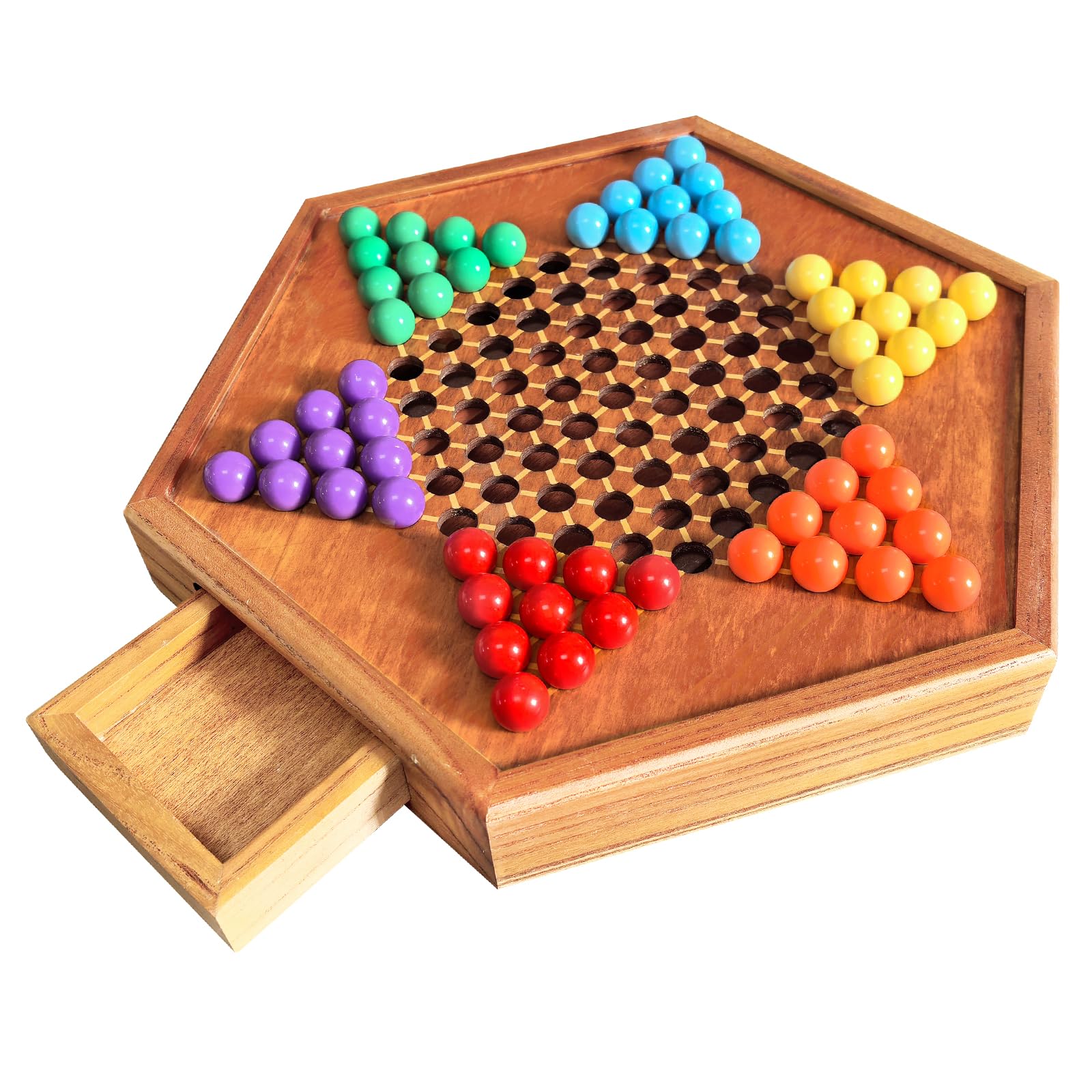 HOLYKING 12.6" Wooden Chinese Checkers Board Game with Storage Drawer - 72 Acrylic Marbles (60+12 Spares), Classic Strategy Game for Family Night, 2-6