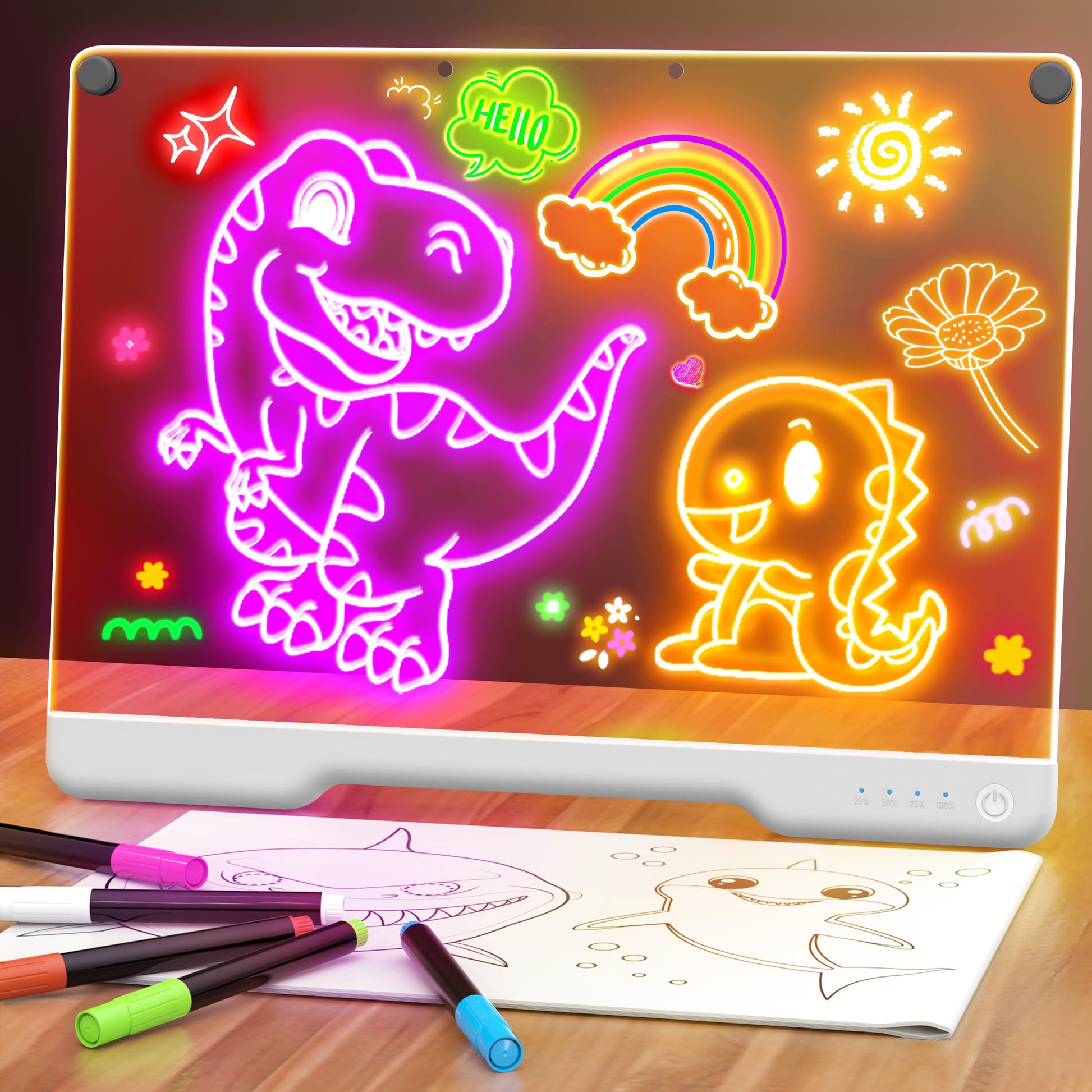 Geokay 16" Rechargeable LED Drawing Board, 9-Color Light Modes, Neon Art Dry Erase Light Up Doodle Glow Pad with Built-in Stand, Sketching Gift Toy