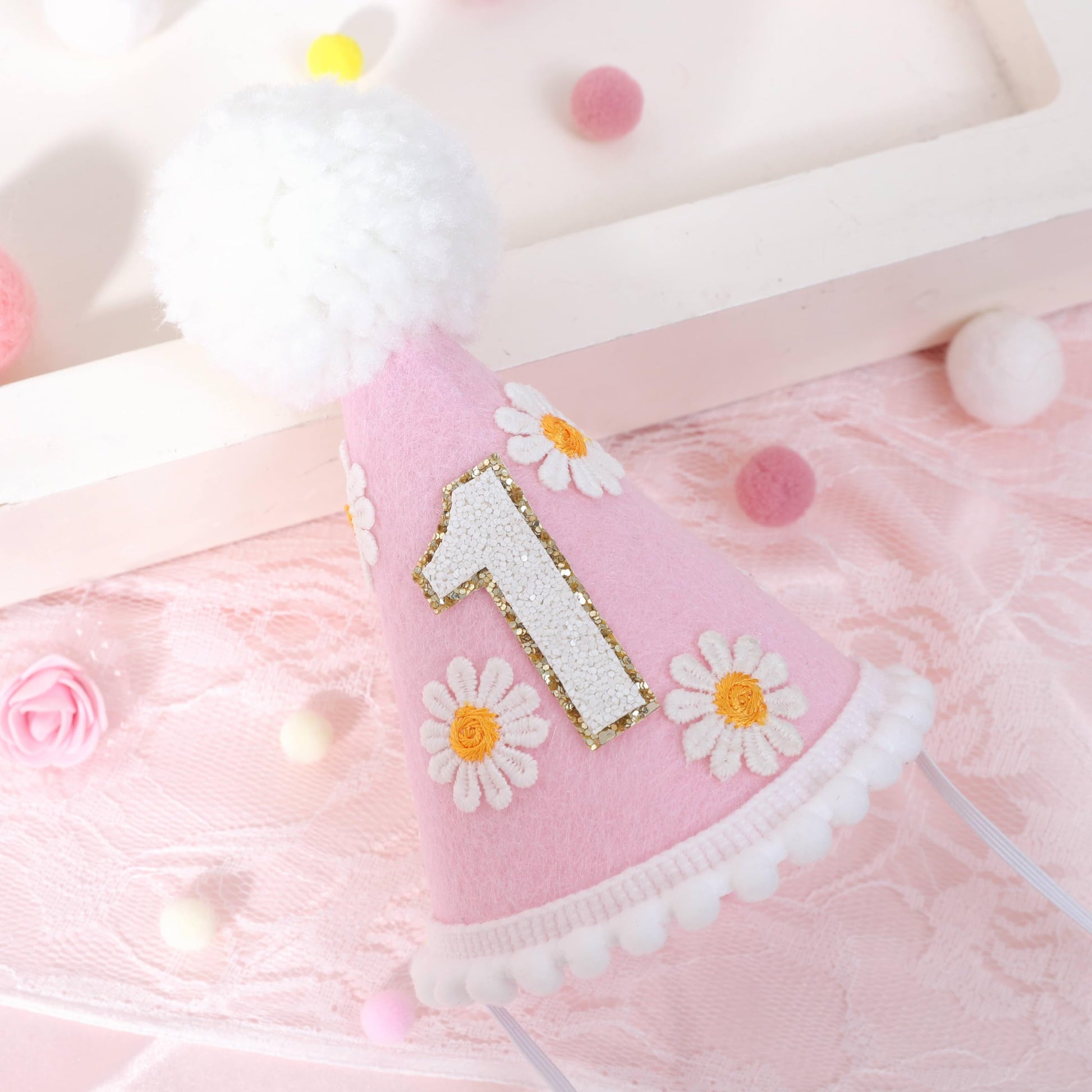LINGANA First Birthday Hat - Baby Party Decor, Outfit Girl Boy Photo Booth Props, Cake Smash Backdrop (Pink Daisy)