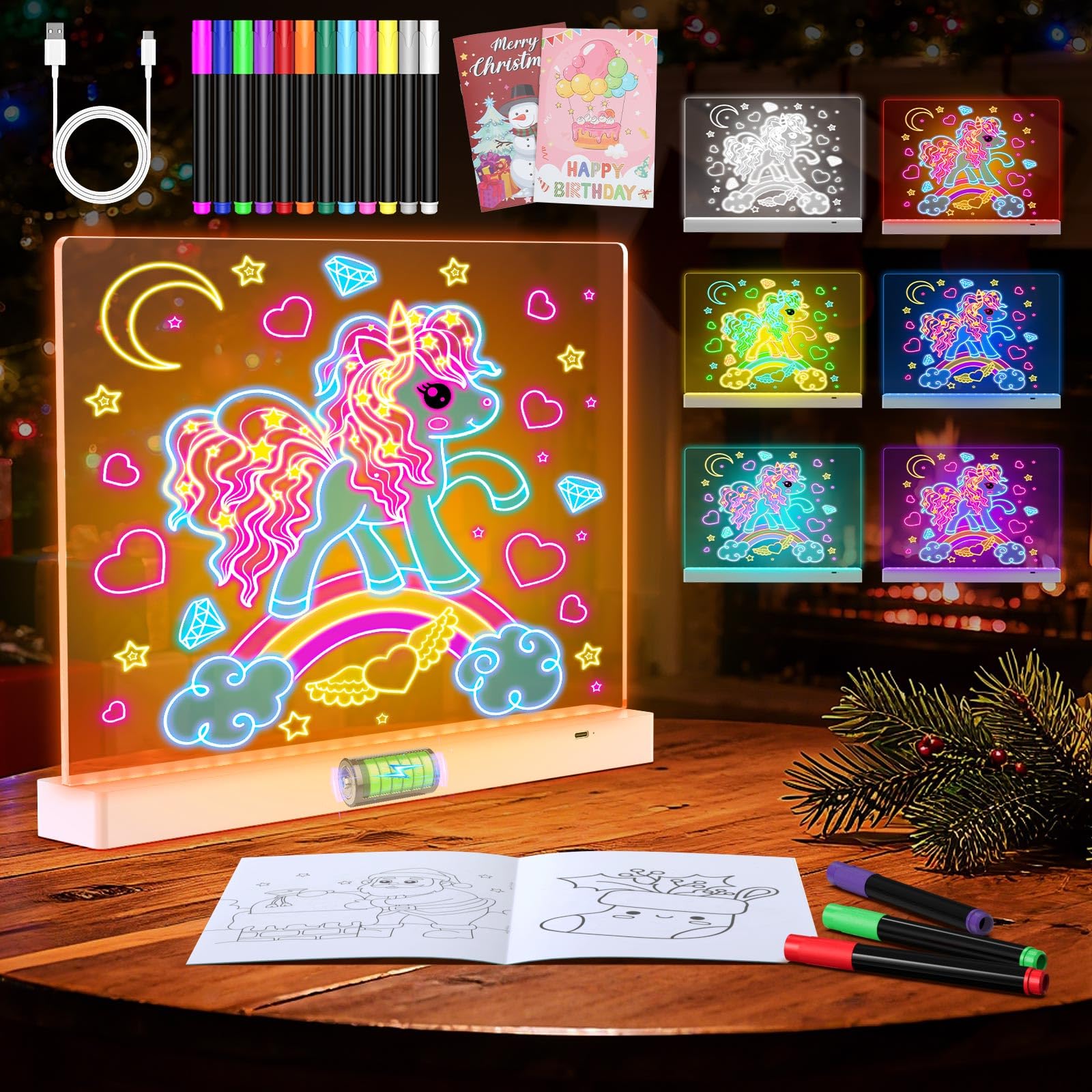 MoKo Led Drawing Message Note Board Rechargeable, 7 Color Light & 3 Modes, 16.9'' Art Dry Erase Lumiboard for Kids with Removable Stand,12 Markers & 2
