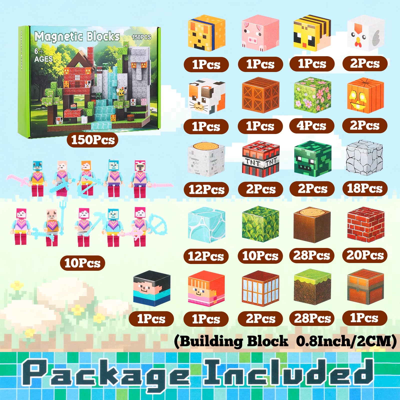CEEHUONG Magnetic Building Blocks Set -150PCS Magnetic Tiles with 10 Toy Figures & 10 Weapons, Educational Toys for Kids (Boys & Girls)