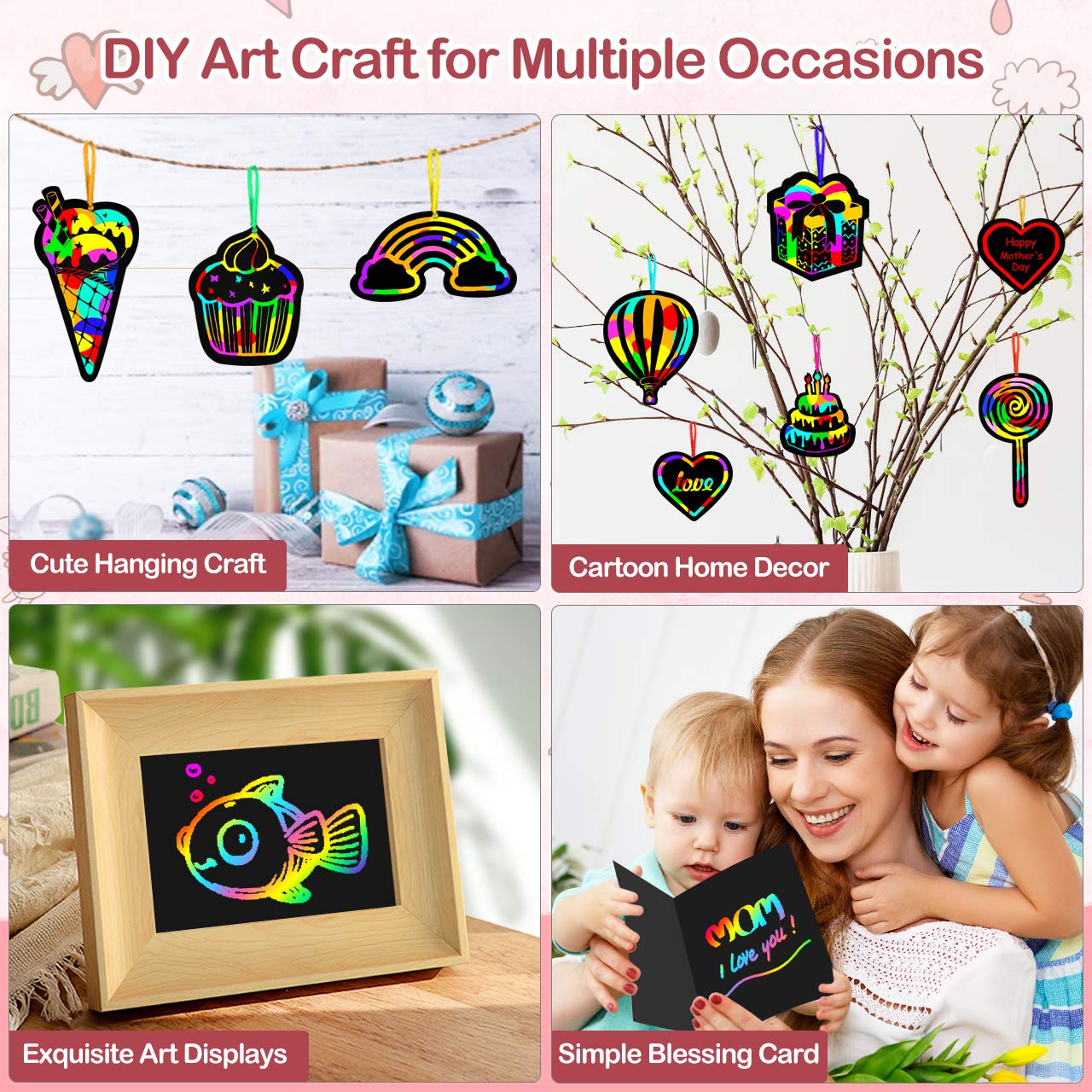 RMJOY Rainbow Scratch Paper Art for Kids: 50PCS Magic Arts Crafts Gifts Toys for Girls Boys Ages 3-12 Games Activities for Birthday Party Family Day