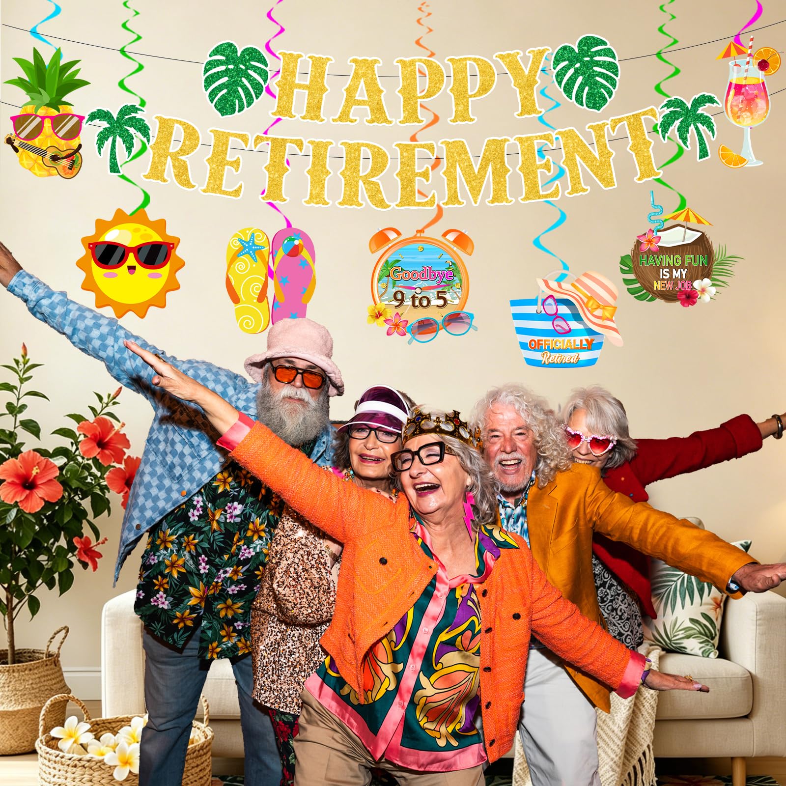 Beach Retirement Party Decorations, Aloha Retire Party Decorations includes Happy Retirements Banner Tropical Hawaiian Retirement Party Decorations