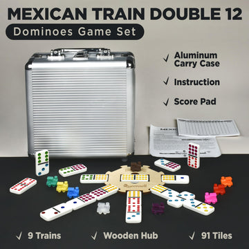 Queensell Mexican Train Dominoes Set with Wooden Hub, Domino Tile Board Games - Double 12 Dominos Set for Family Game Night for Adults and Kids Ages 8