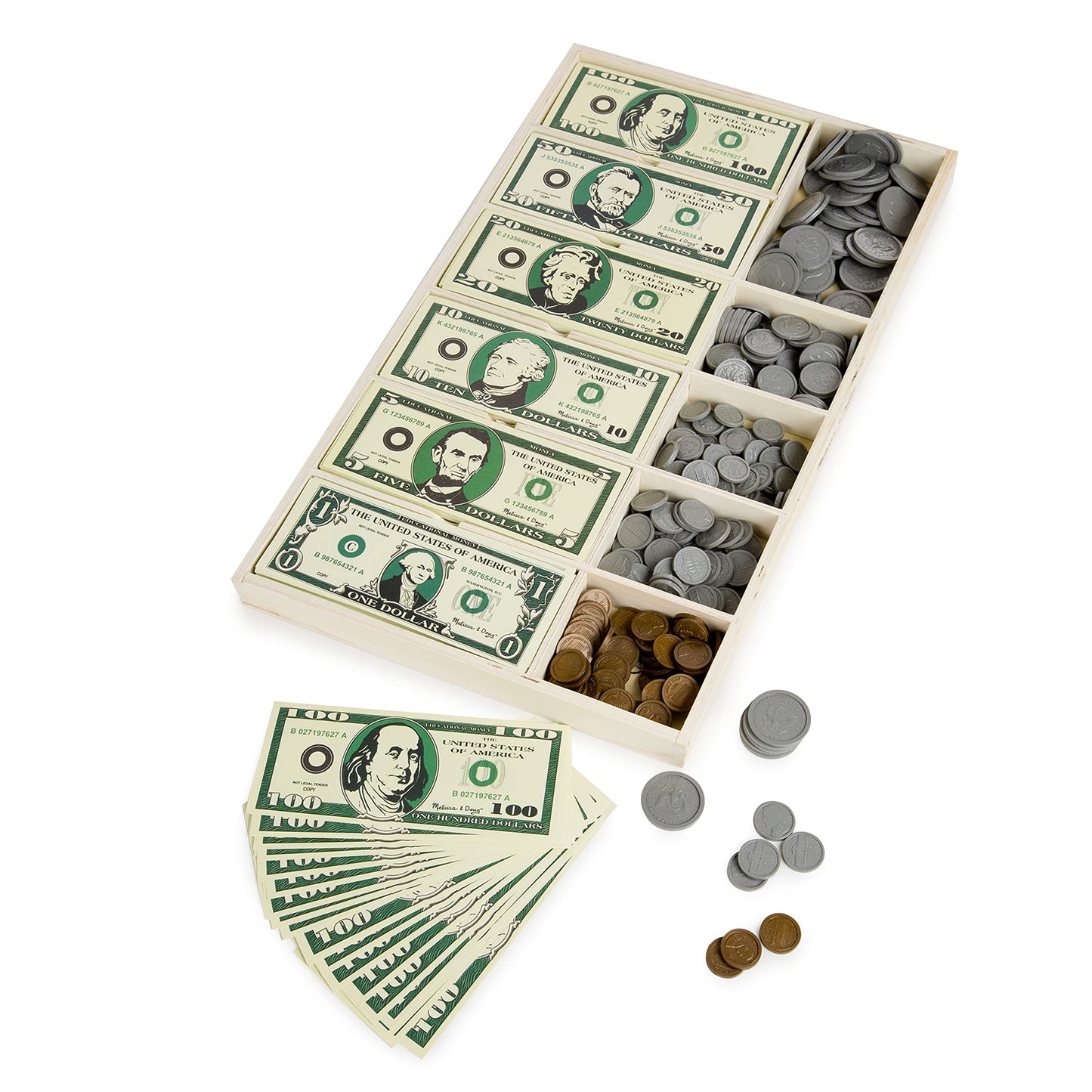 Melissa & Doug Play Money Set - Educational Toy with Paper Bills and Plastic Coins (50 of Each Denomination) and Wooden Cash Drawer for Storage