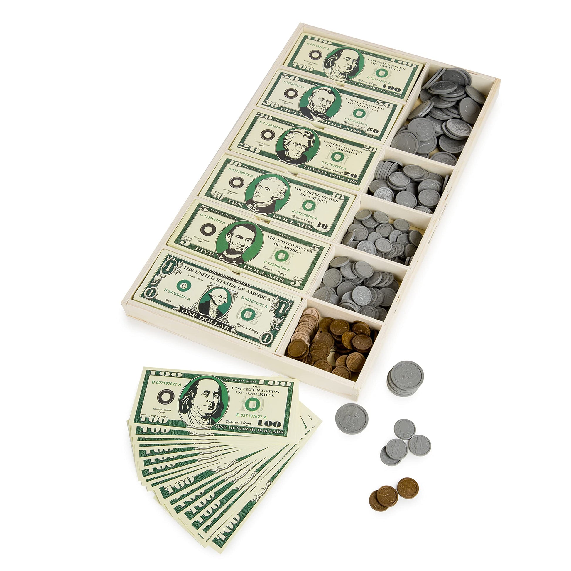 Melissa & Doug Play Money Set - Educational Toy with Paper Bills and Plastic Coins (50 of Each Denomination) and Wooden Cash Drawer for Storage