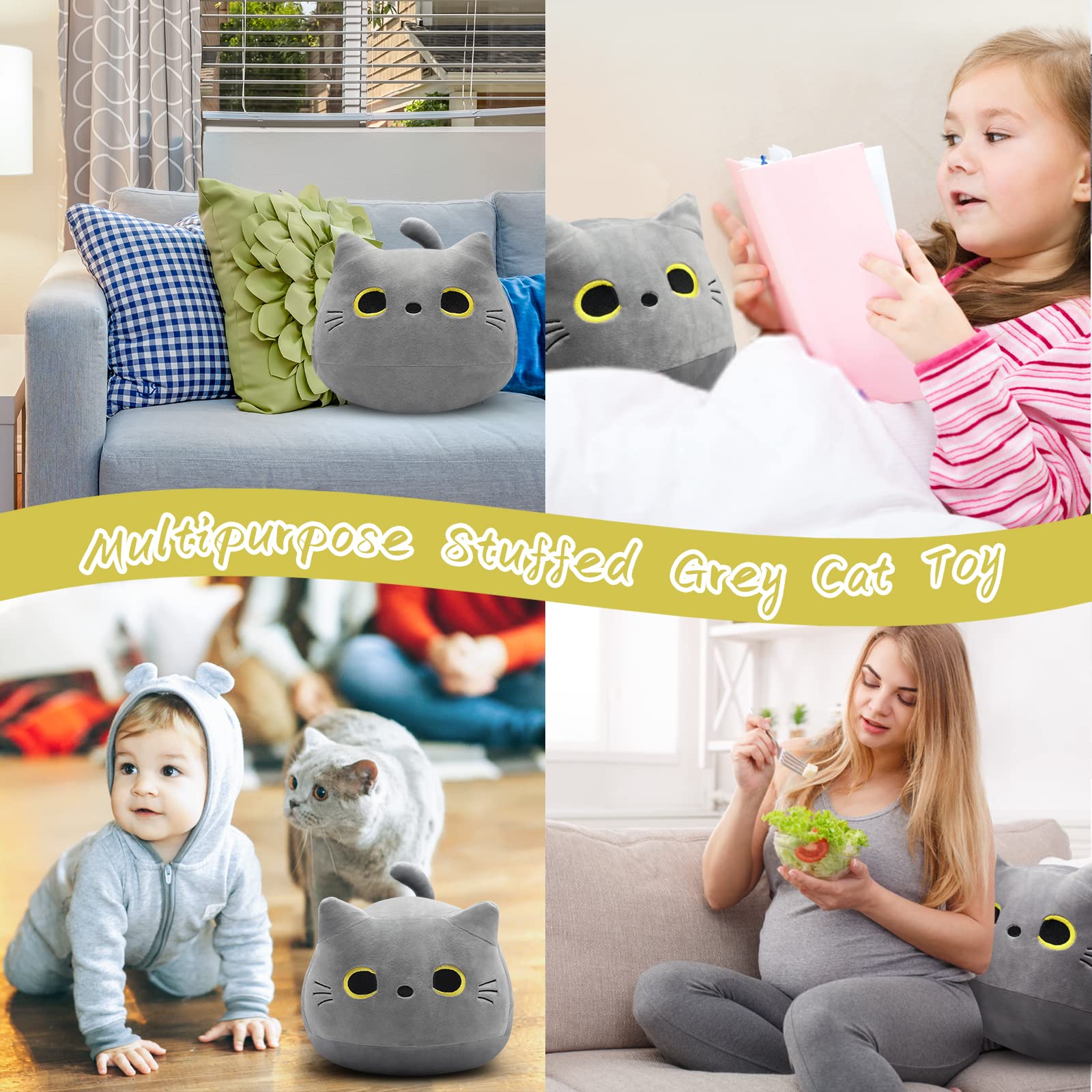 LSYDCARM Gray Cat Plush Pillows Toys, 12inch Kawaii Gray Cat Stuffed Animals Plush Toys, Cute Soft Cat Plushie Stuffed Kitten for Birthday Valentines