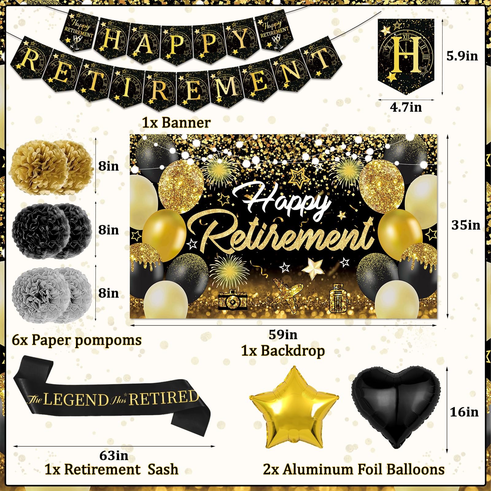 Happy Retirement Party Decorations for Men and Women - Black and Gold Banner, Backdrop Card, Sash, Hanging Swirls, Foil Balloons, Honeycomb