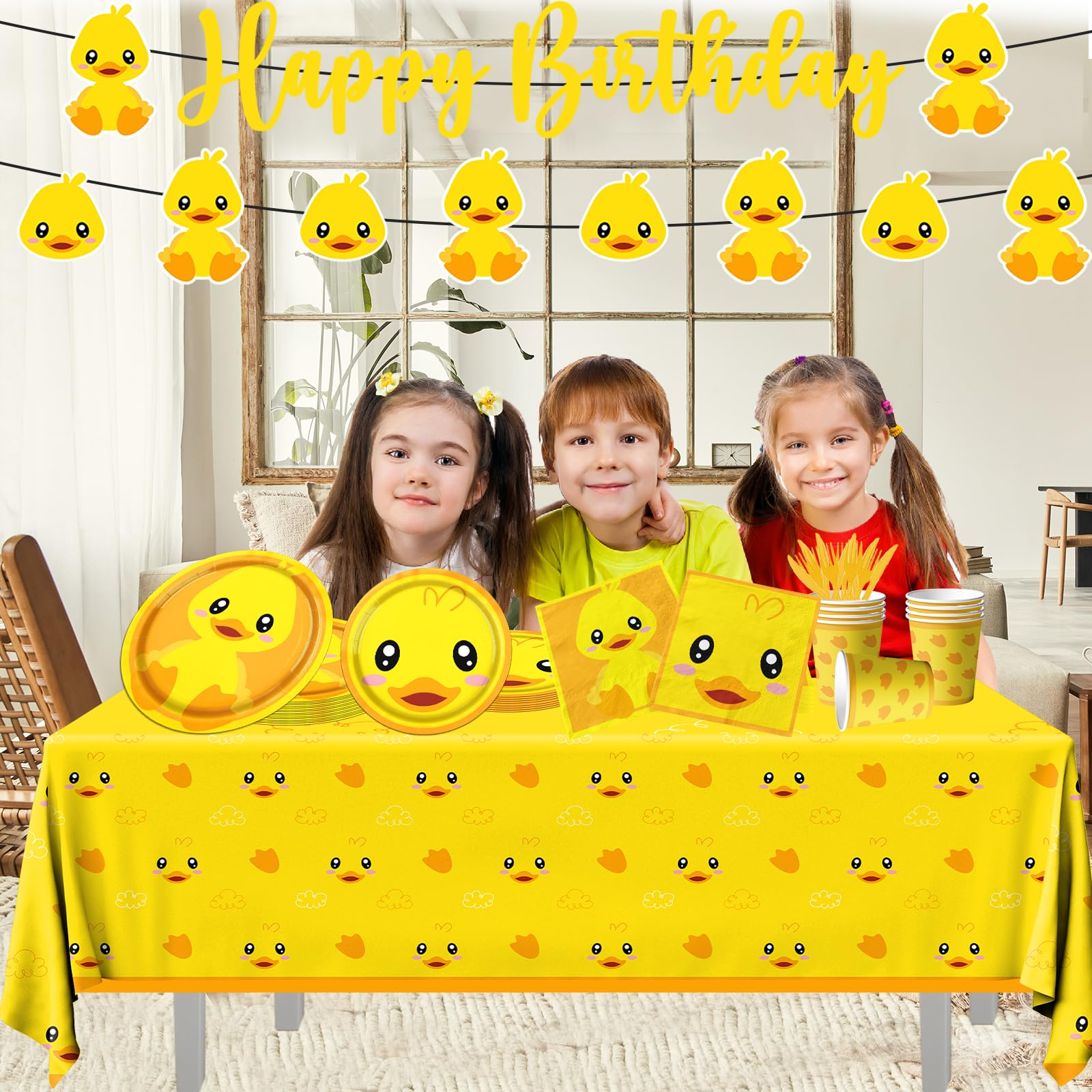 Rubber Duck Party Supplies,Happy Birthday Duckie Tableware Set Duck Plates Yellow Baby Shower Napkins Cups for Waddle It Be Gender Reveal Party,One