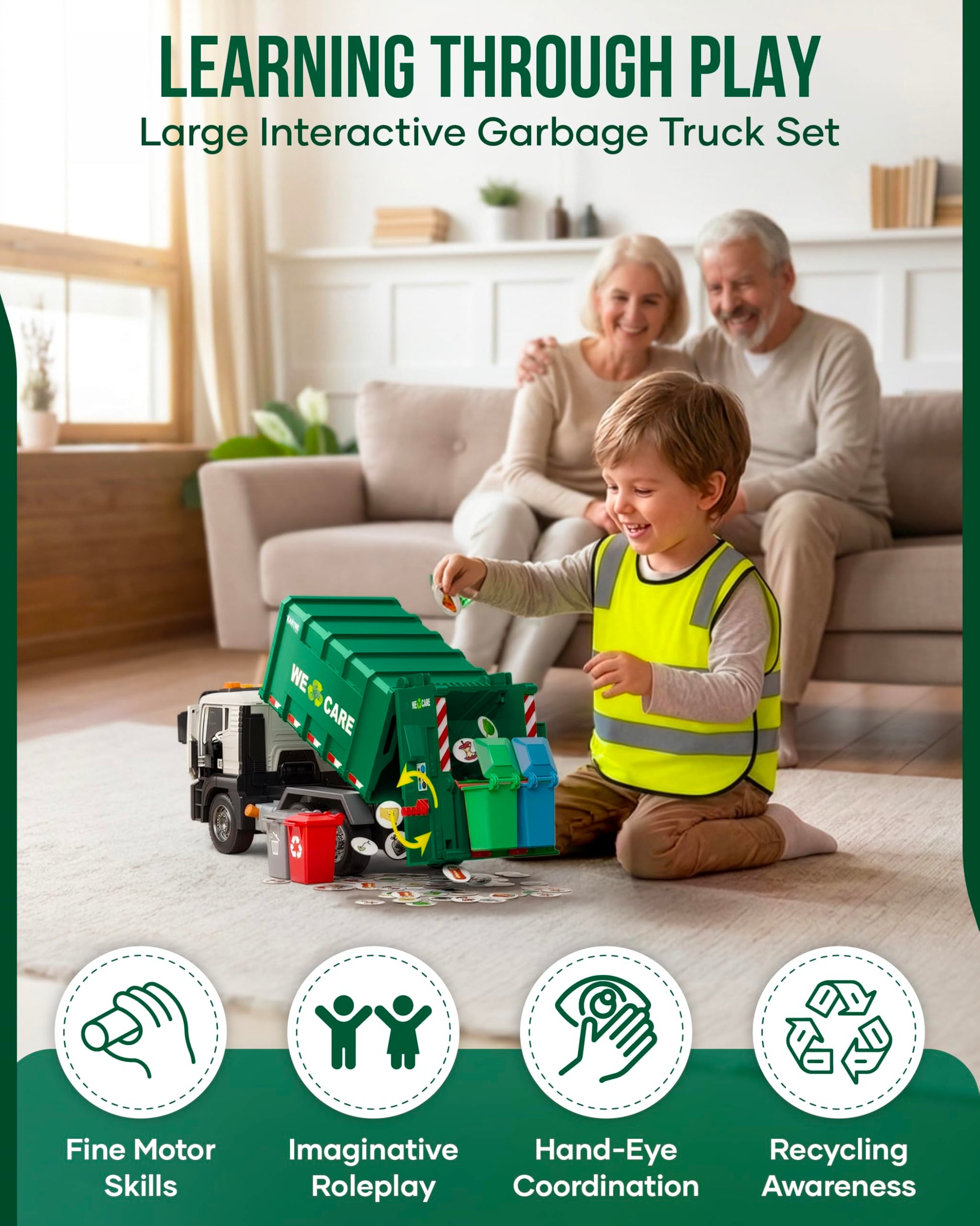 KARYNE TOYS Garbage Truck Toys for Toddlers 1-3+ Age, Includes Safety Vest, 4 Trash Bins, 40 Learning Cards with Lights & Sounds, Trash Truck Toy Set