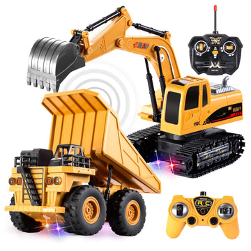 JOYIN 2 PCS Remote Control Construction Vehicle Toy Set, Friction-Powered RC Excavator & RC Dump Truck with Lights and Sounds for Imaginative Play