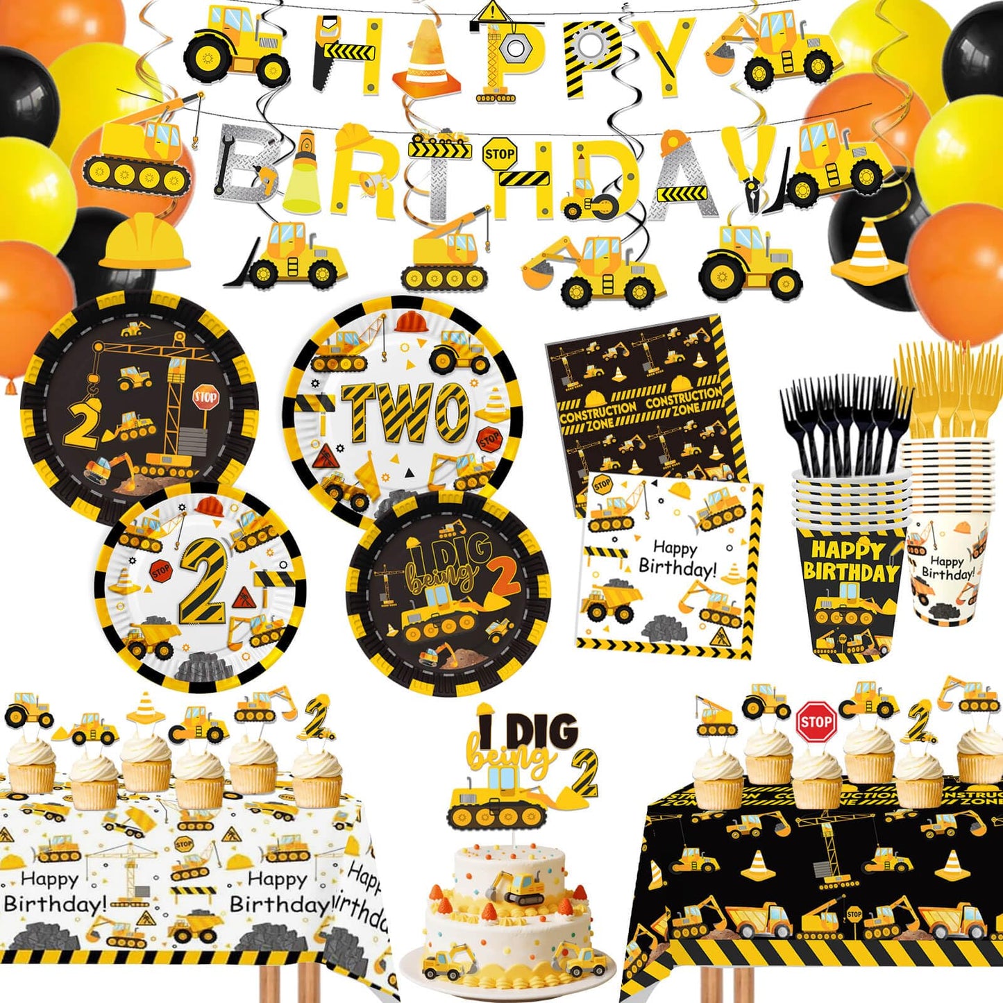 210 Pcs Construction 2nd Birthday Decorations - Includes Plates Napkins Cups Cake Cupcake Toppers Banner Hanging Swirls Tablecloths Balloons