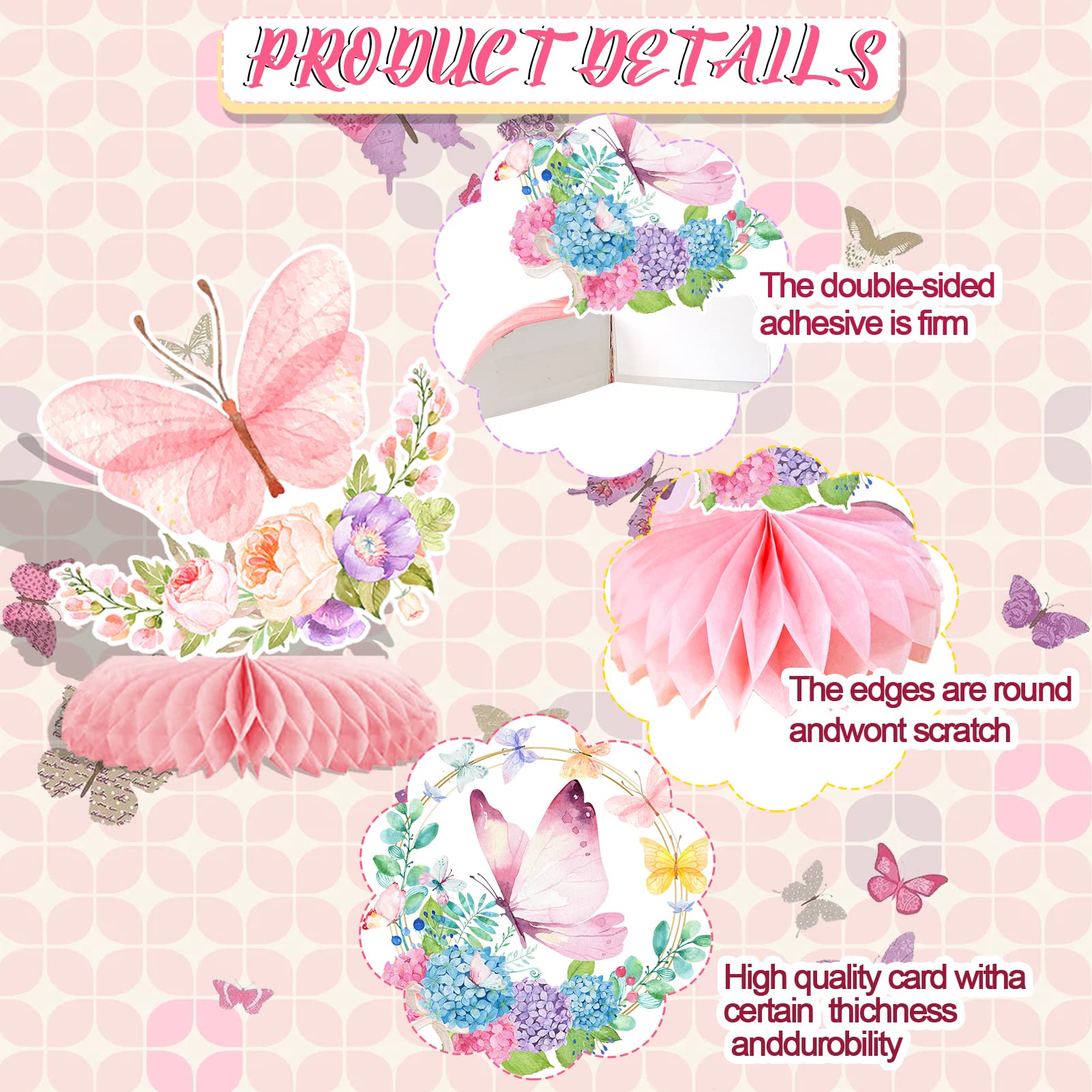 10pcs Butterfly Party Decorations - Spring Pink Purple Butterfly Flowers Centerpieces 3D Table Honeycomb Toppers for Girls Baby Shower Party Photo