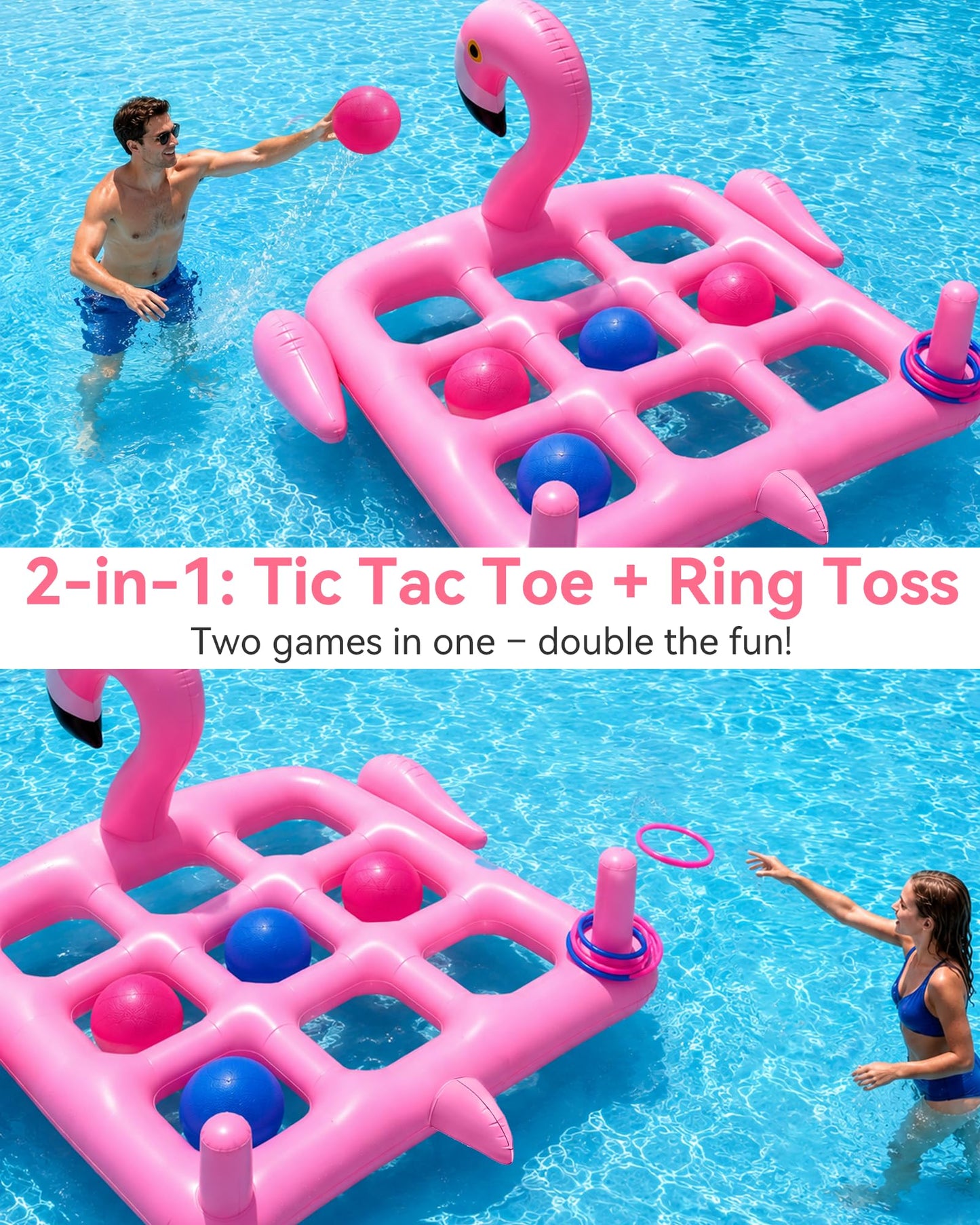 Utook Flamingo 2-in-1 Pool Game - Giant Tic Tac Toe Pool Toy -Thickened Leak-Proof PVC, Tic Tac Toe + Ring Toss Outdoor Water Toys for Toddlers Kids