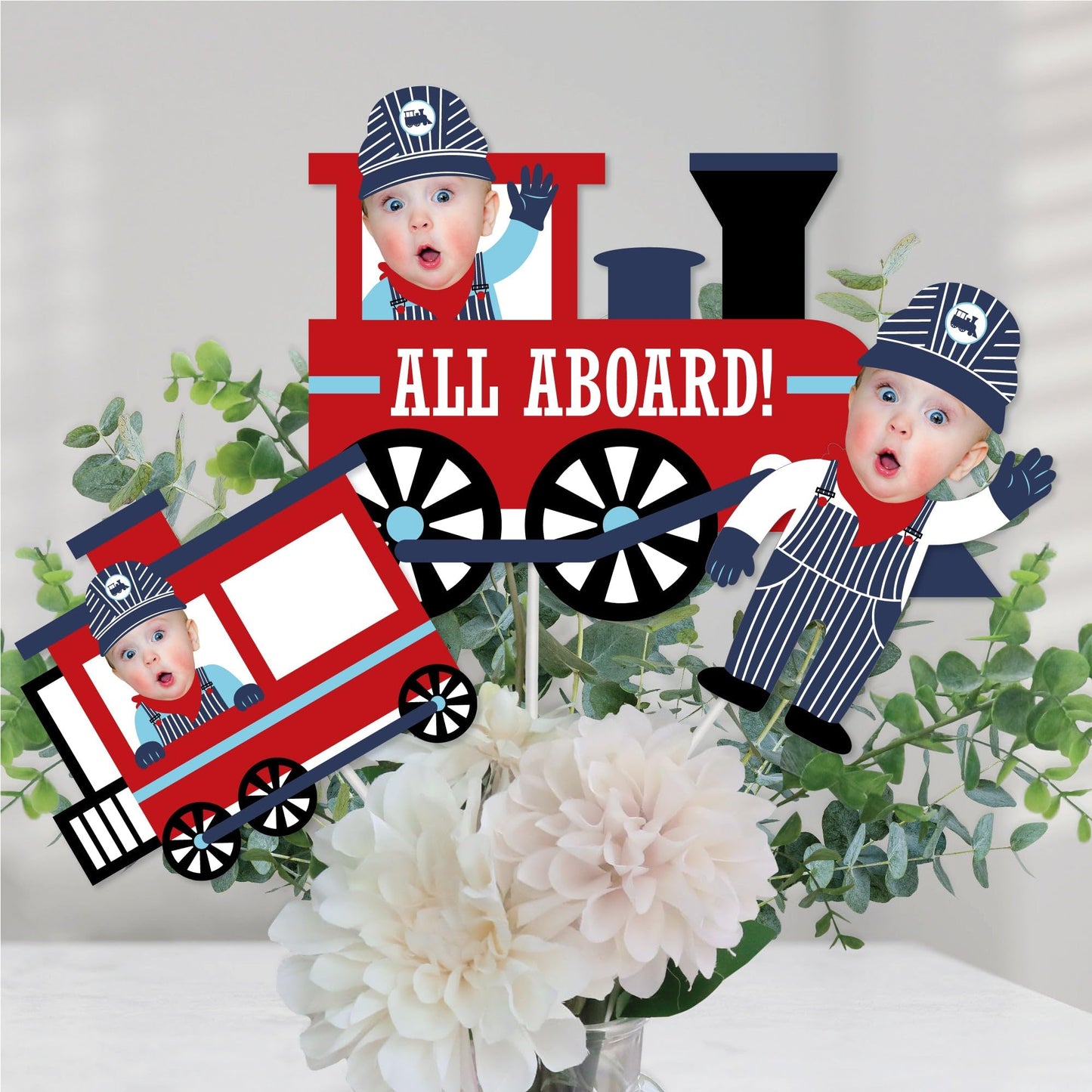 Big Dot of Happiness Custom Photo Railroad Party Crossing - Steam Train Birthday Party or Baby Shower Centerpiece Sticks - Fun Face Table Toppers