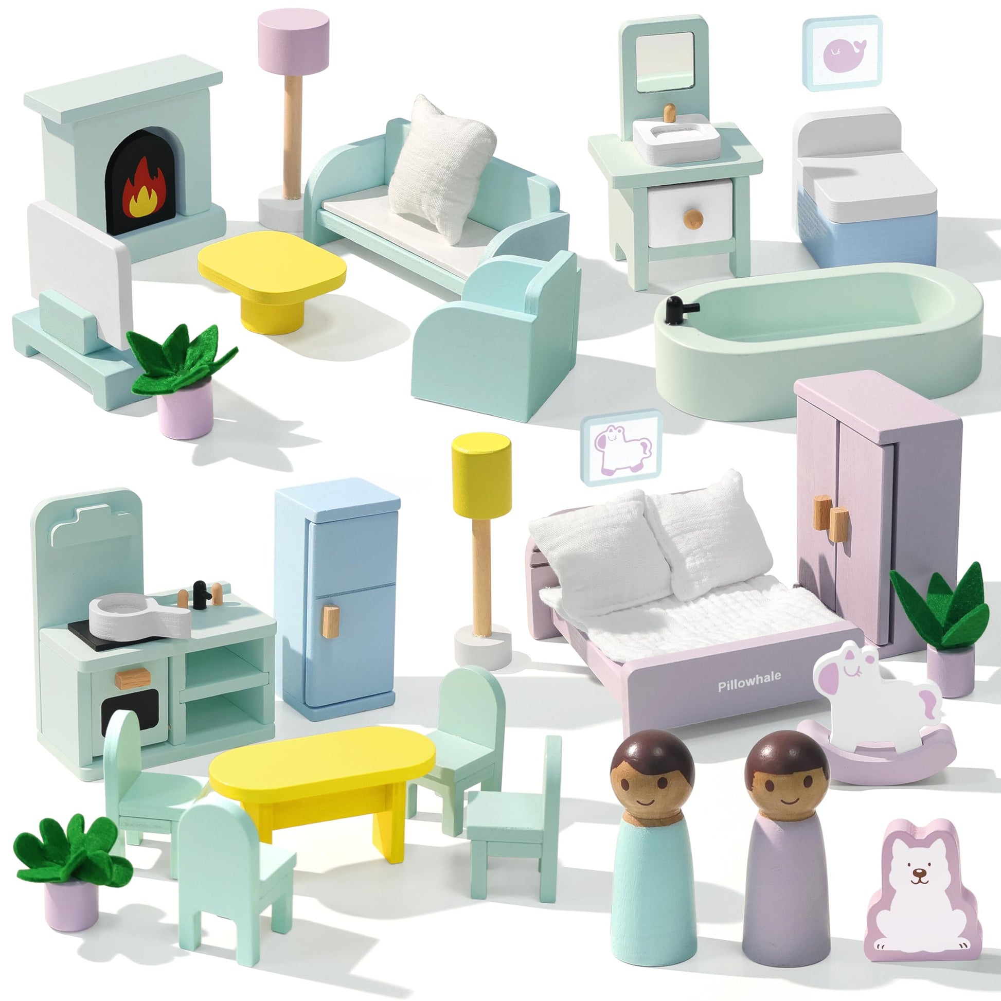 Pillowhale Wooden Dollhouse Furniture Set,36-Piece Dollhouse Furniture & Accessories for 6 Rooms,Interactive Pretend Play Furniture Toys, Gift