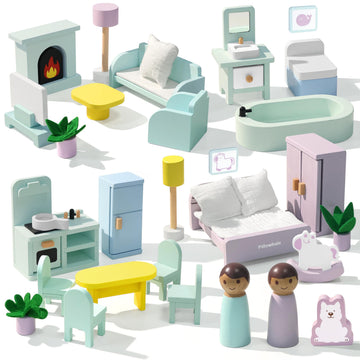 Pillowhale Wooden Dollhouse Furniture Set,36-Piece Dollhouse Furniture & Accessories for 6 Rooms,Interactive Pretend Play Furniture Toys, Gift