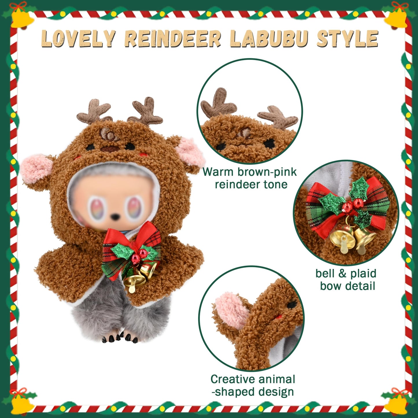 Evowatt Reindeer Cloak Clothes for Labubu Dolls - 17 cm Christmas Cape Outfit with Festive Accessories, Cute Holiday Costume for Labubu Figures (No