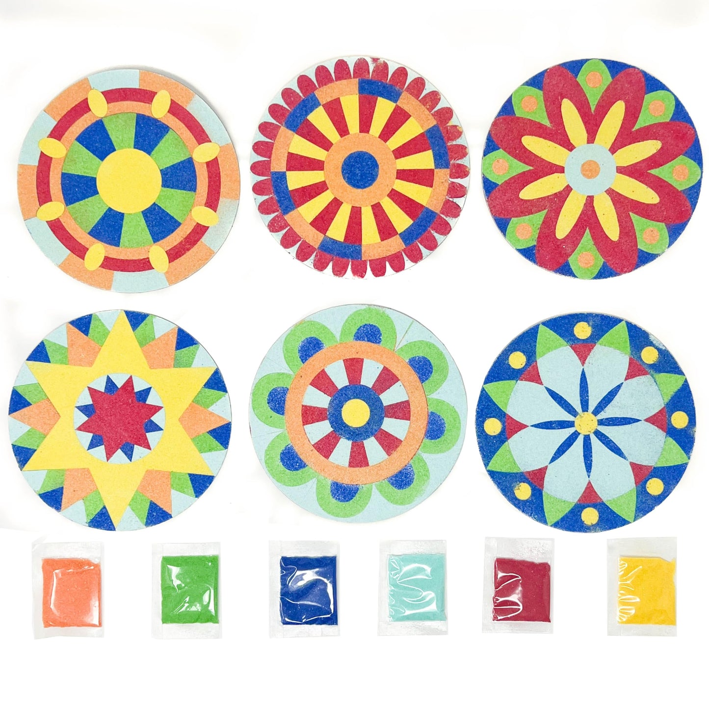 Podzly Sand Painting Mandala Coloring Craft Kits 24 Piece - Self-Adhesive Sand Art Peel Kit for Kids Ages 5+ - 6 Colors & 5 Inch Round Canvases