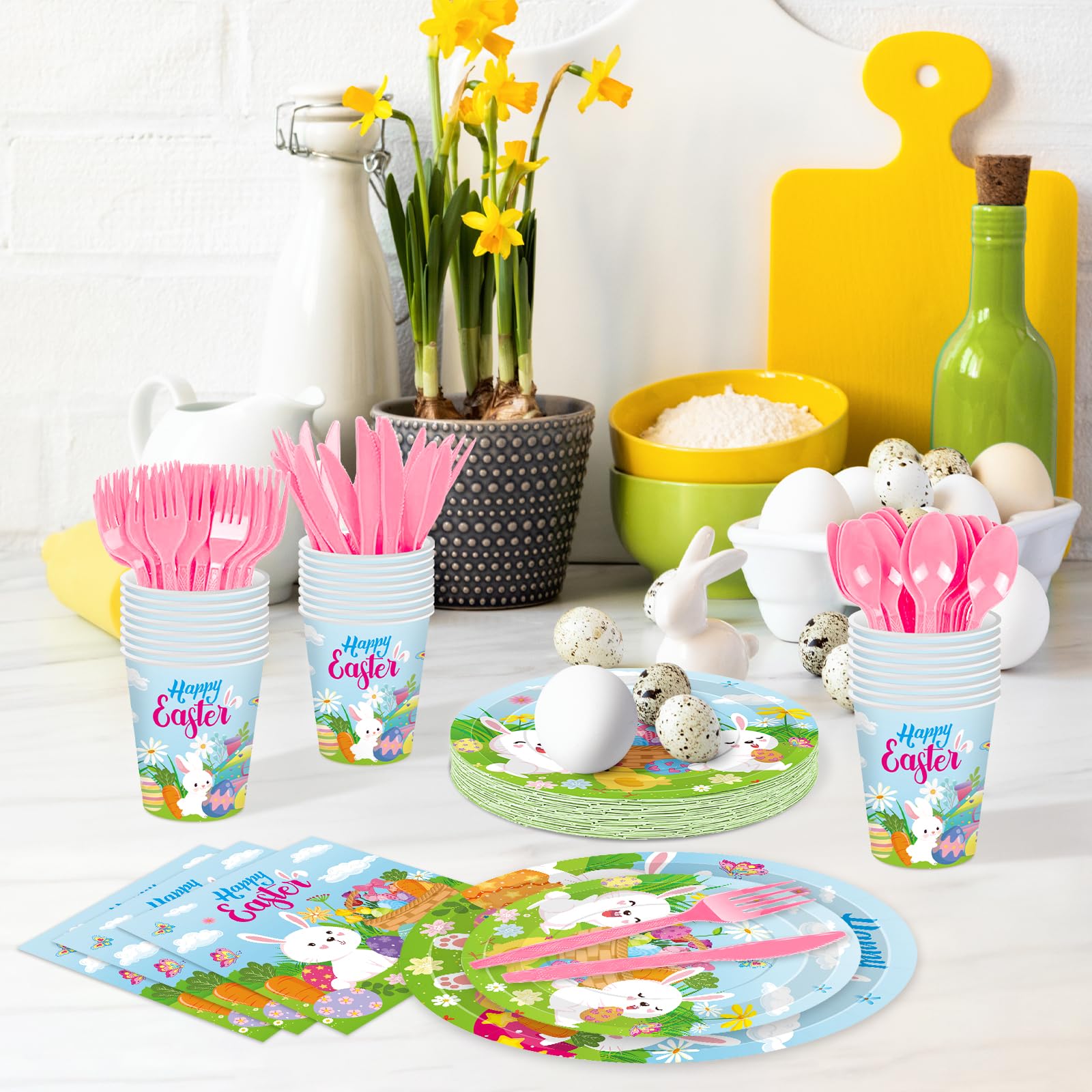 Jremreo 175 Pcs Easter Day Tableware Set - Serves 25, Happy Easter Bunny and Egg Disposable Plates, Cups, Napkins, Forks, Spoons, Knives for Spring